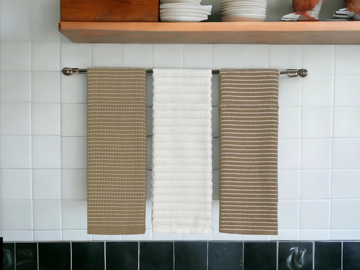 Toallas de cocina blancas de gran tamaño 100% algodón, suave, absorbente, surtido de rizo acanalado, juego de 4 multiusos para uso diario (beige