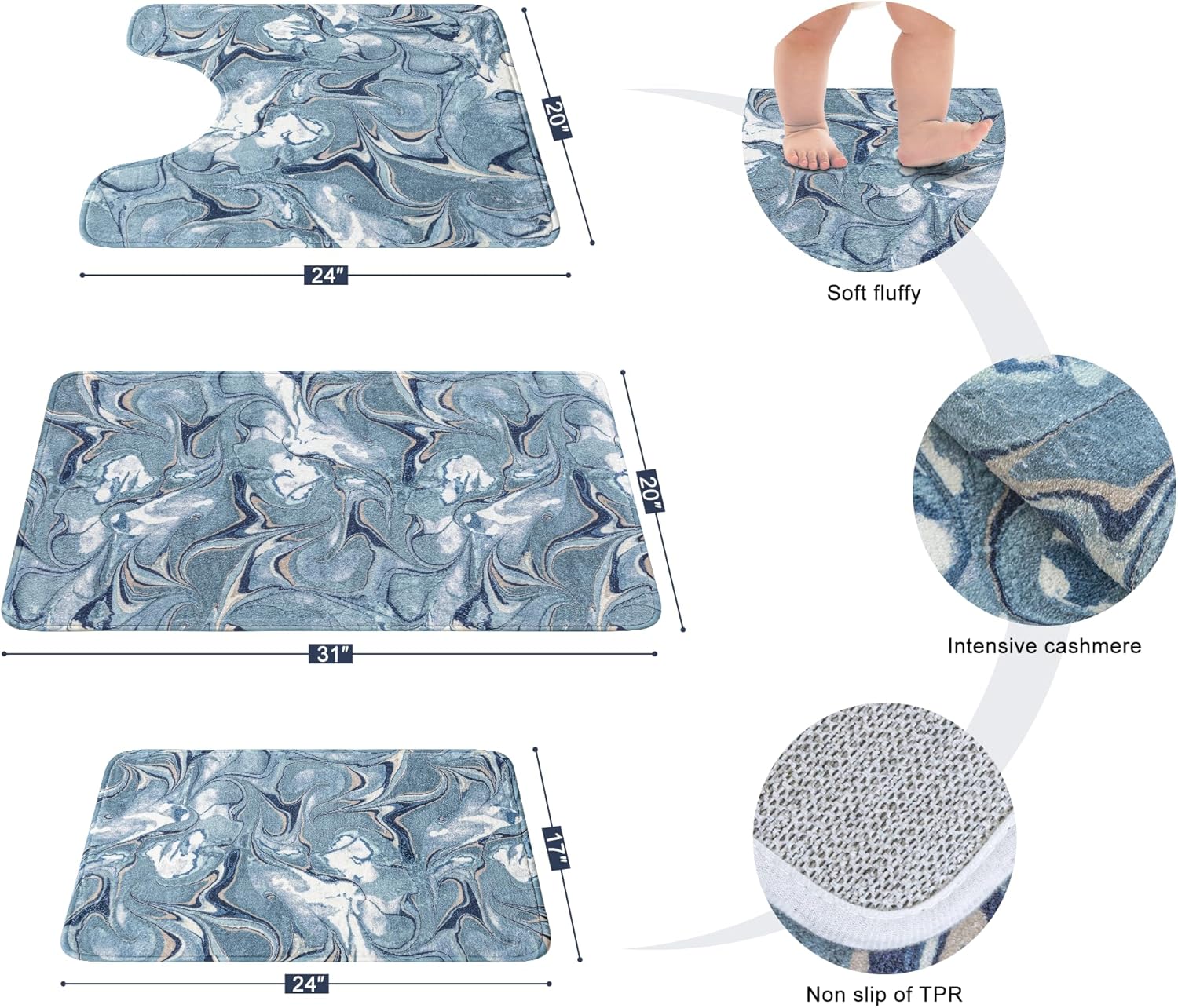 VENESSCO Juego de 3 alfombras de baño de microfibra ultra suave, antideslizante, absorbente, alfombra de baño con ondas de agua y alfombra de
