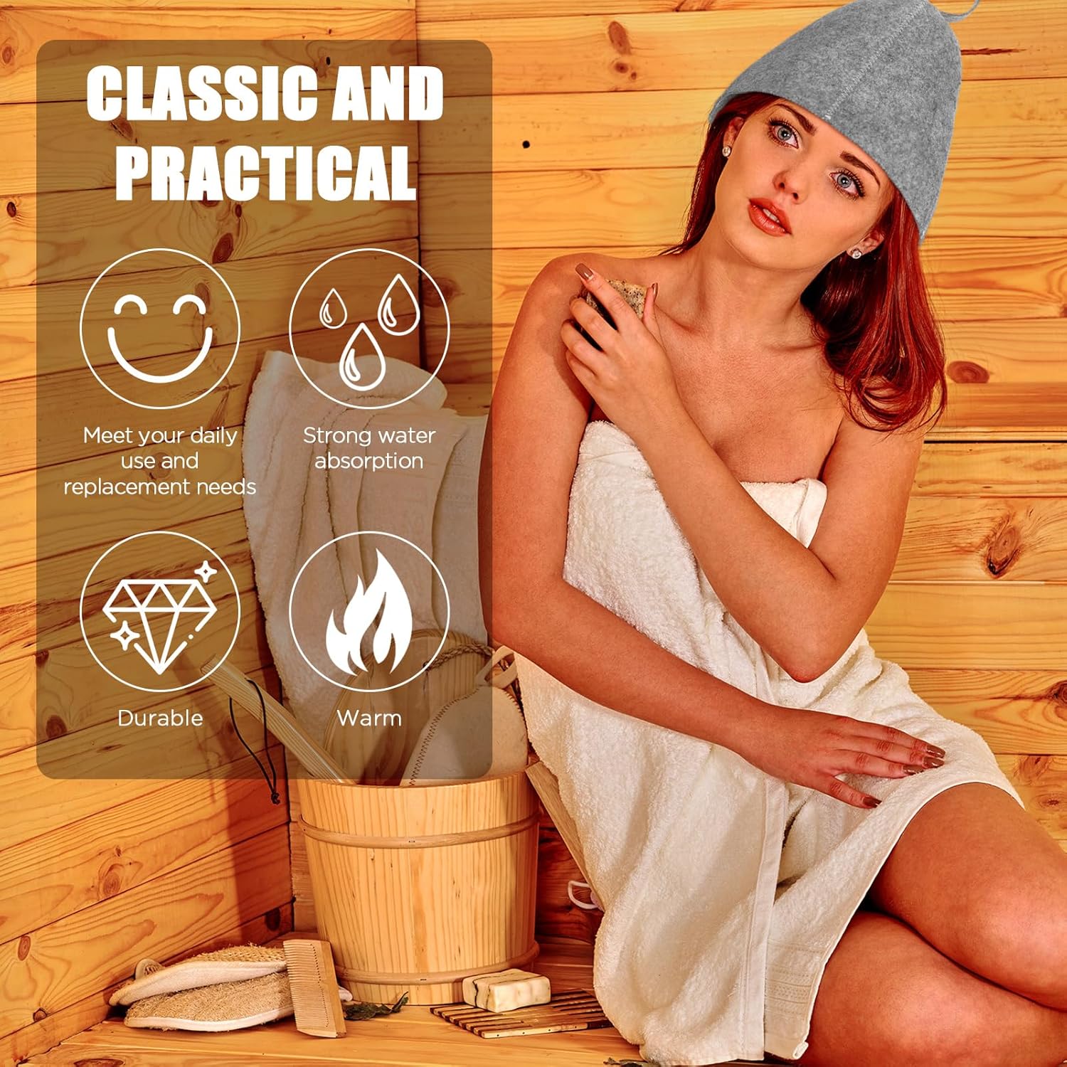 Jiuguva Sombreros de sauna de lana, sombrero ruso para sauna, sombreros de sauna para mujeres, accesorios de ducha de sauna (gris, 12 piezas)