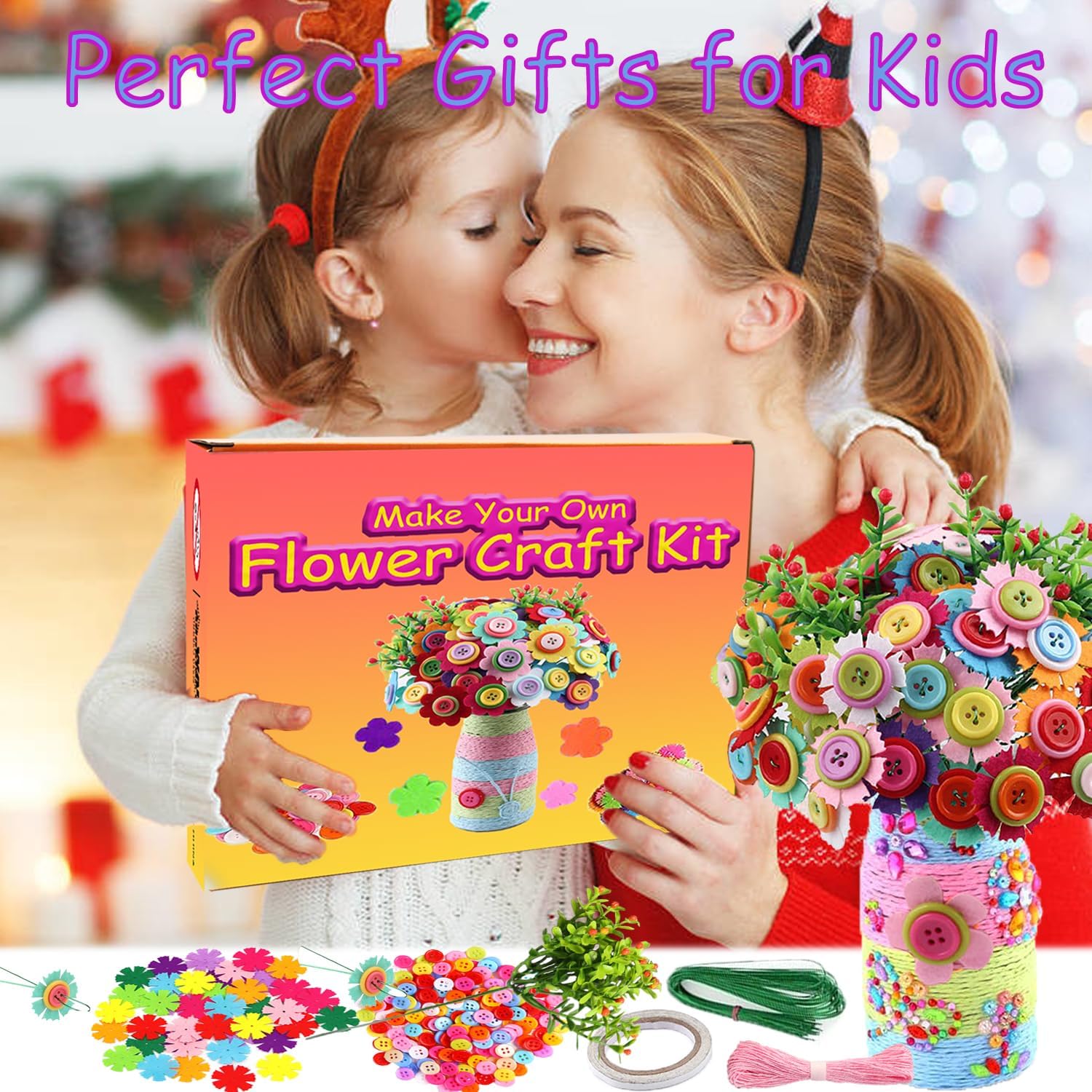 Korilave Manualidades para niñas de 6 a 8 años, haz tu propio ramo de flores con botones y flores de fieltro, arte y manualidades para niños de 8 a