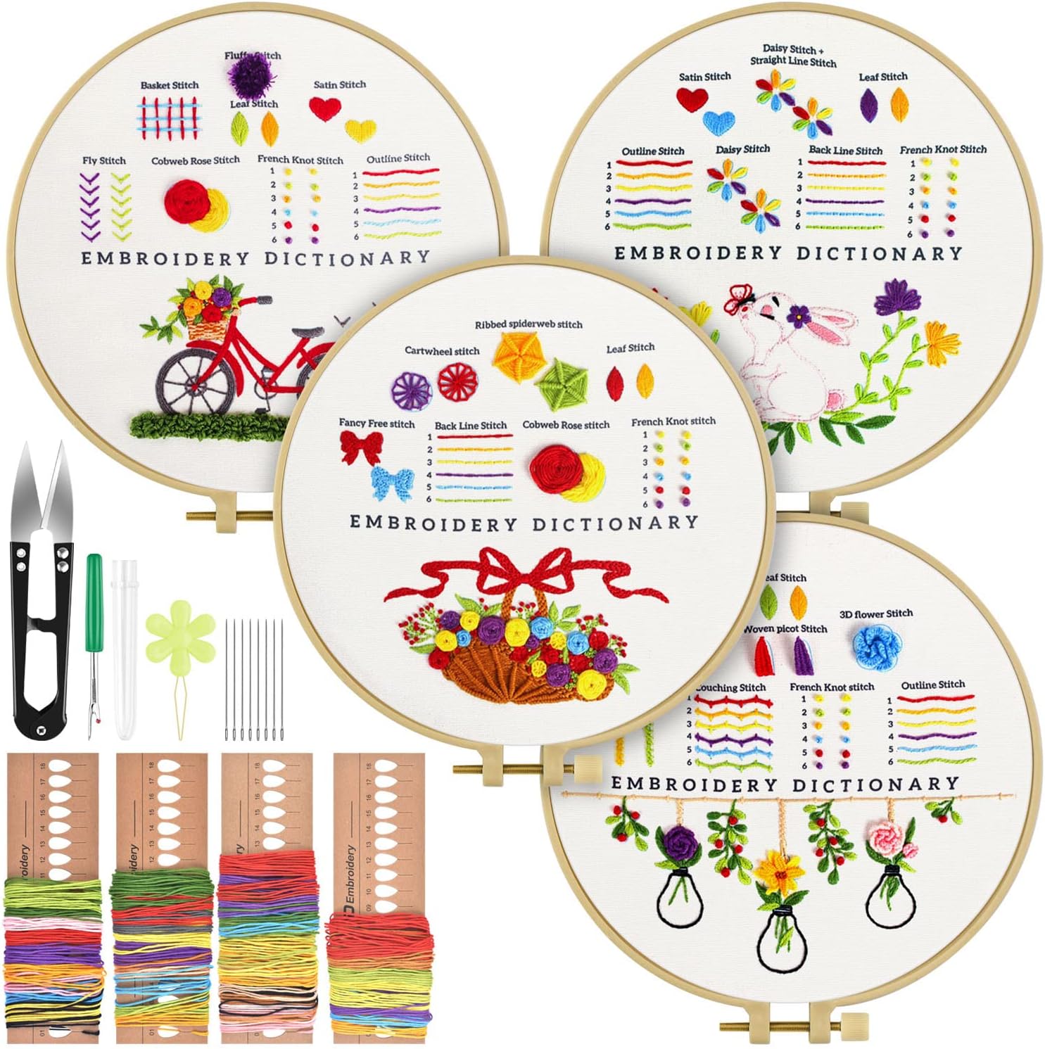 TINDTOP Kit de bordado para principiantes, paquete de 4 kits de práctica de punto de cruz para principiantes, incluye aros de tela de bordado, hilos