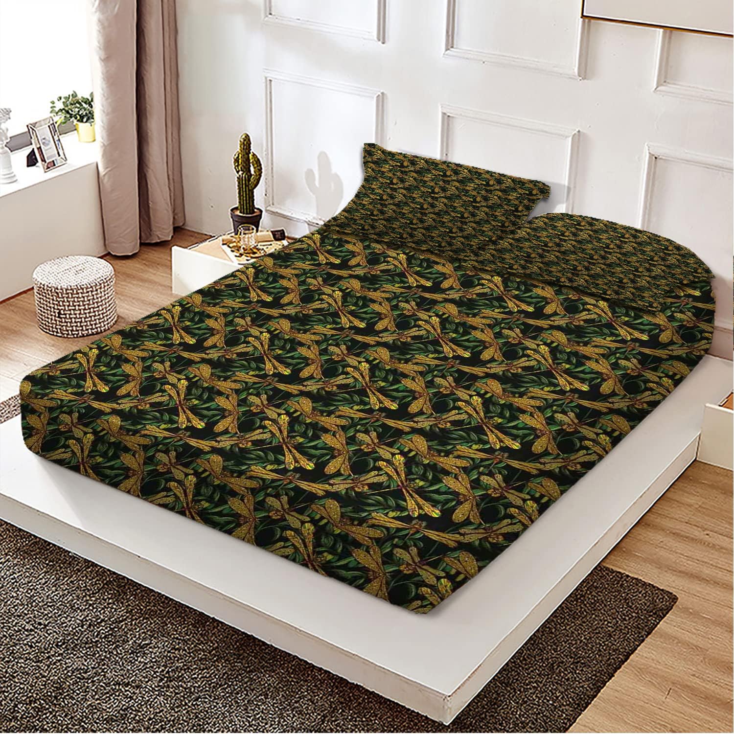 Juego de sábanas bajeras de tamaño matrimonial, diseño de ramas de olivo verde, juego de ropa de cama de 3 piezas con estampado decorativo, se