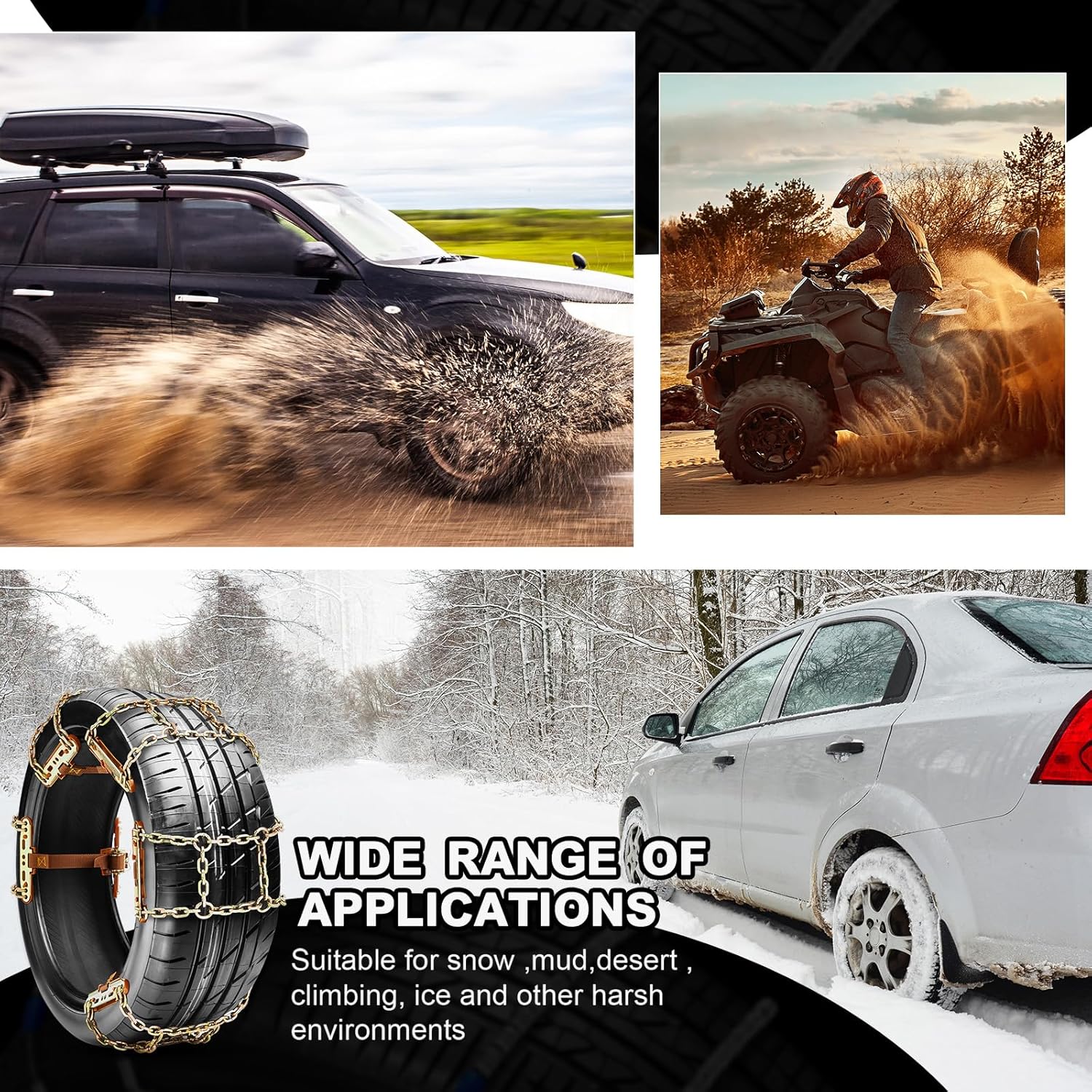 Datanly Cadenas de nieve ajustables para neumáticos para SUV, camioneta, ajuste rápido, cadenas de neumáticos de fácil instalación, cadenas gruesas