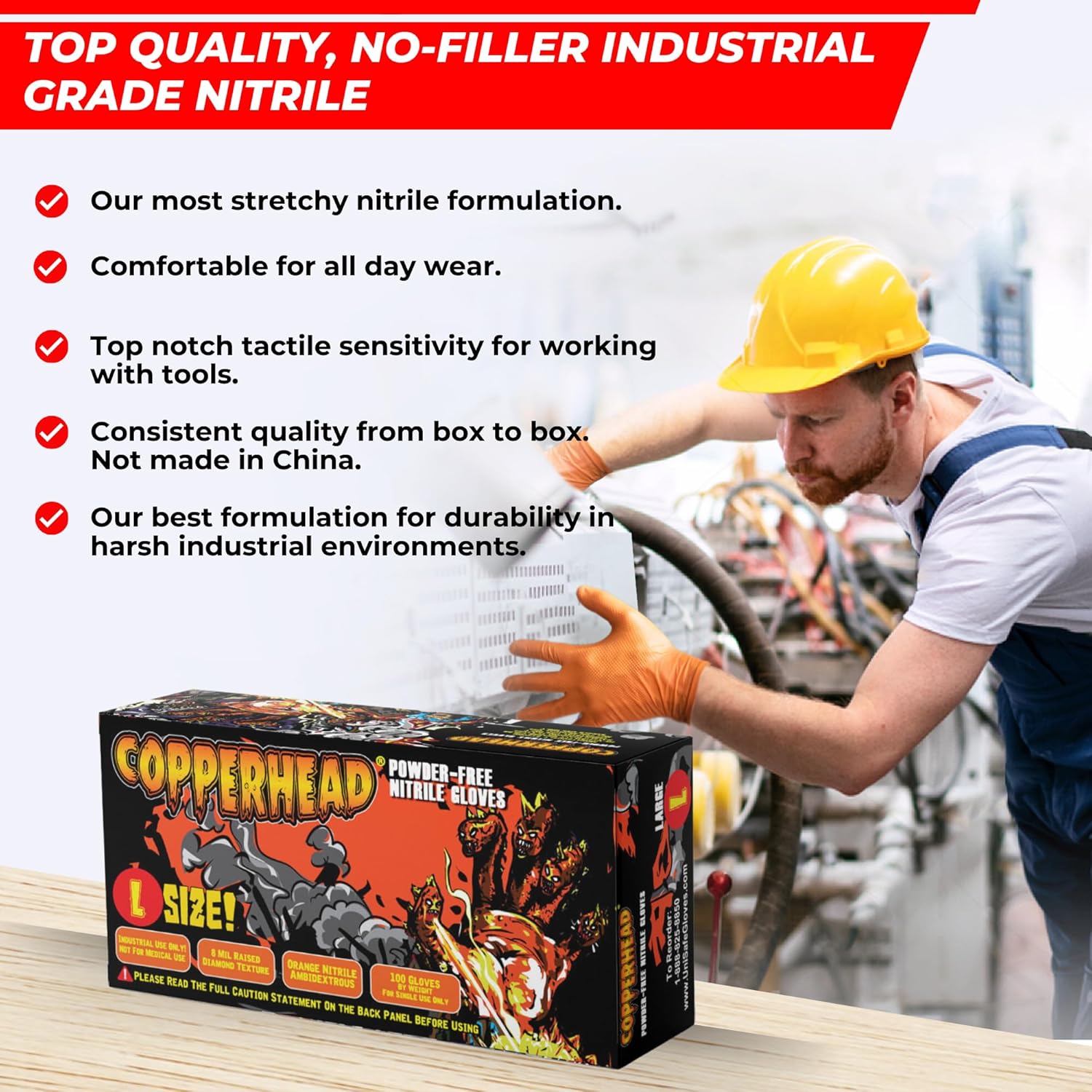 Copperhead Guantes desechables de nitrilo naranja HD, 8 mil, sin látex ni polvo, industriales, seguros para alimentos, textura de diamante elevado