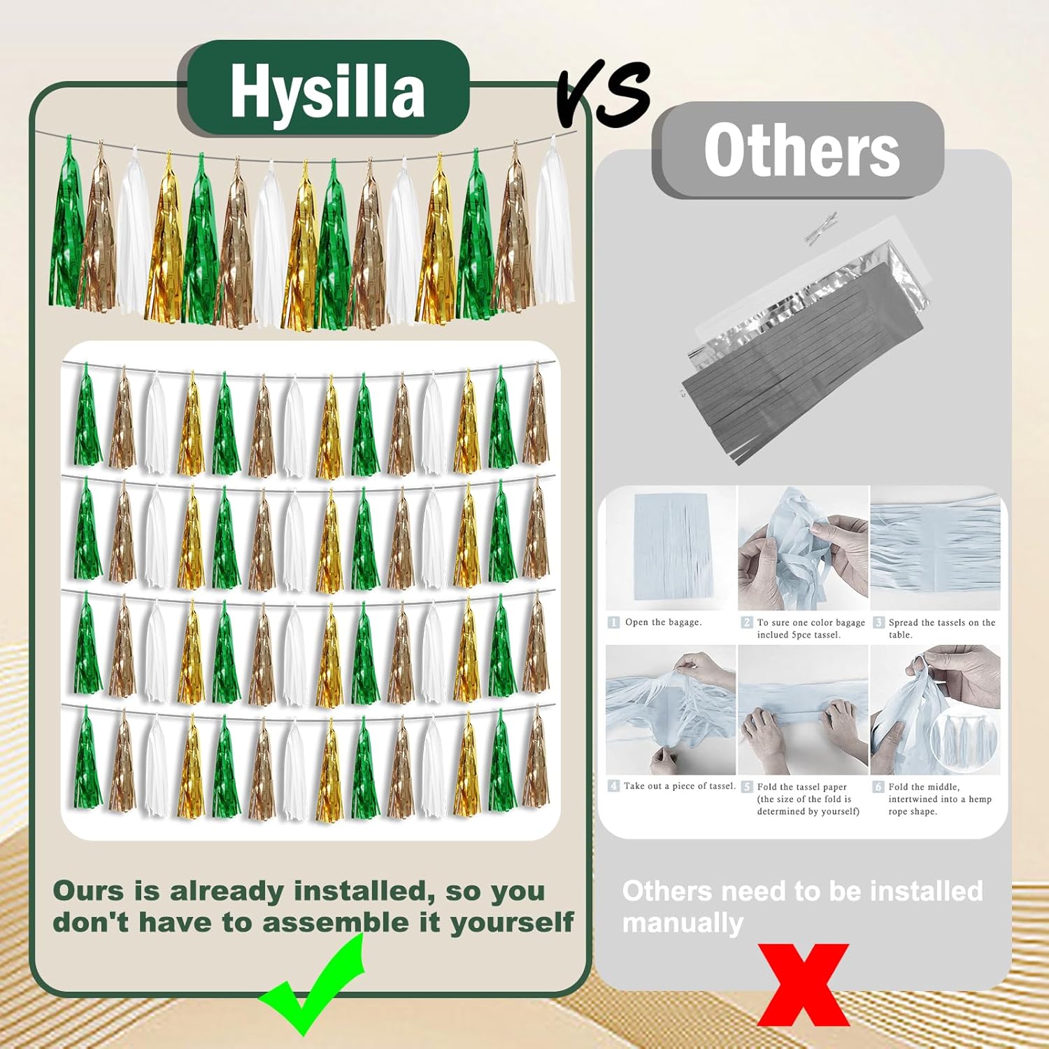 Guirnalda metálica de flecos de papel de aluminio de color verde salvia, beige, menta, con borlas para flotadores de desfile, despedida de soltera,