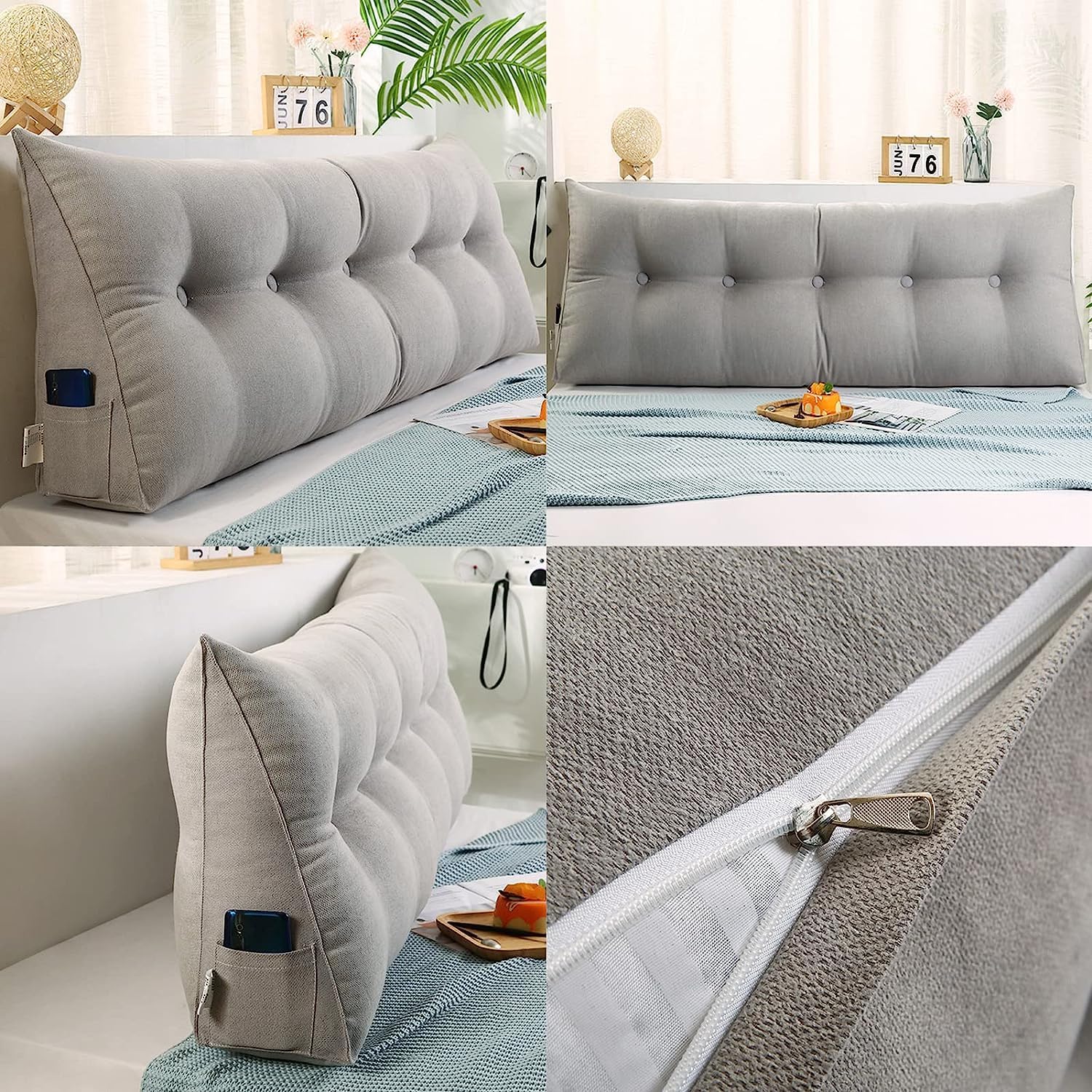 Cojín de cama de lectura Queen  Almohada triangular de cuña para cabecero, soporte de posicionamiento trasero, relleno extra y funda extraíble para