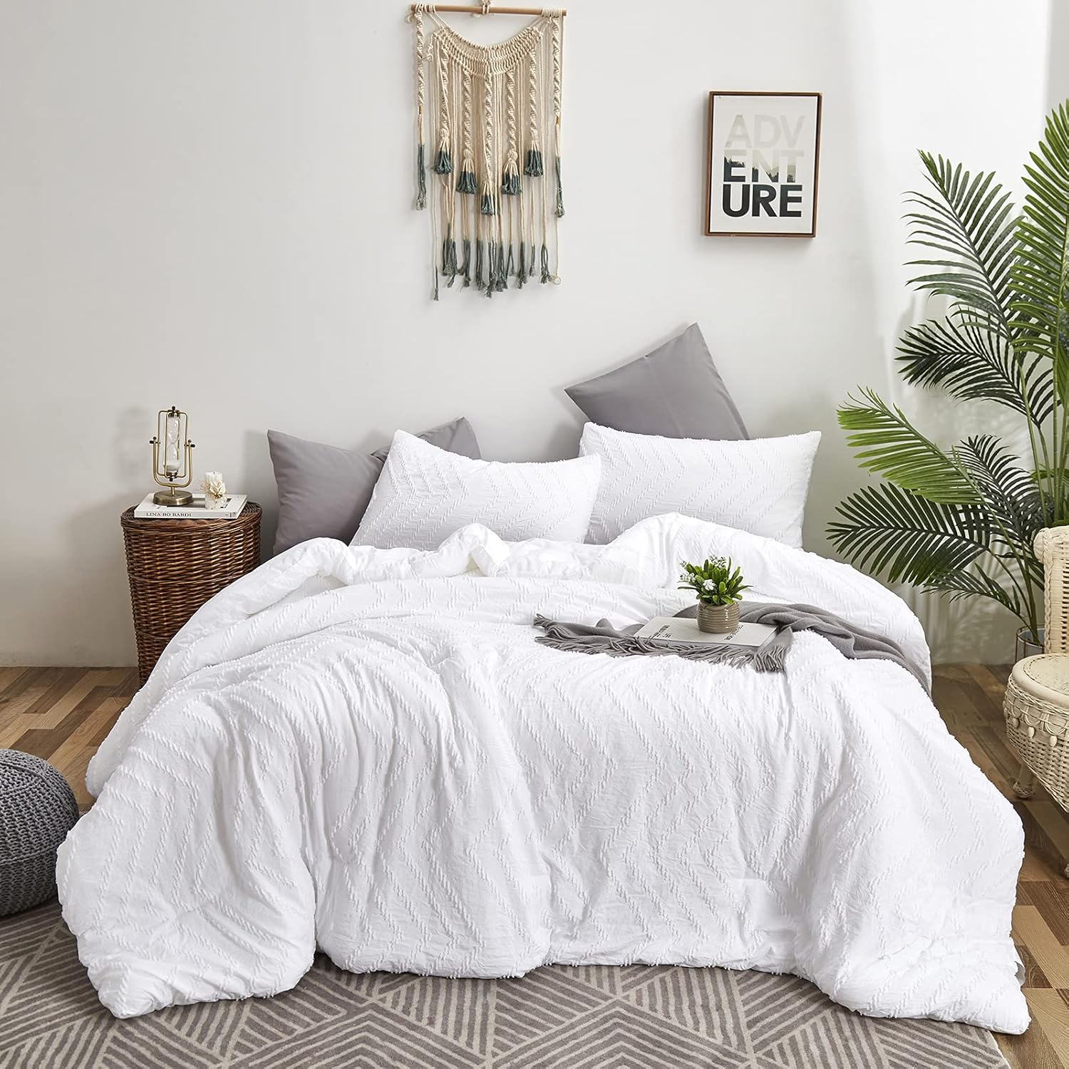 Edredón jacquard blanco tamaño Queen para mujeres y hombres, edredón bohemio de algodón para adultos y adolescentes con bordado blanco desgastado