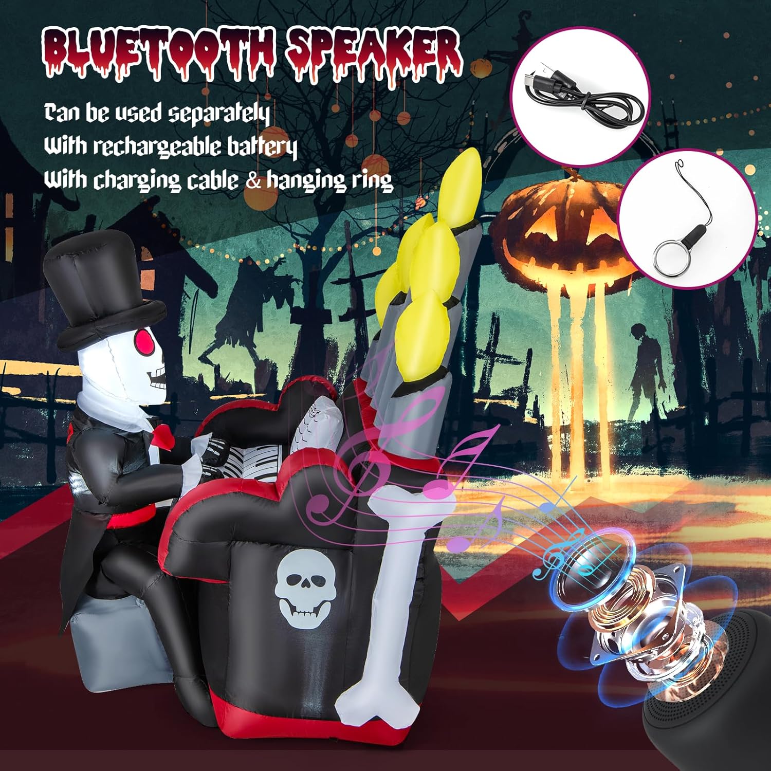 Tangkula Piano inflable de esqueleto de Halloween de 5.2 pies, decoración al aire libre con altavoz Bluetooth y 4 luces LED, decoración de patio