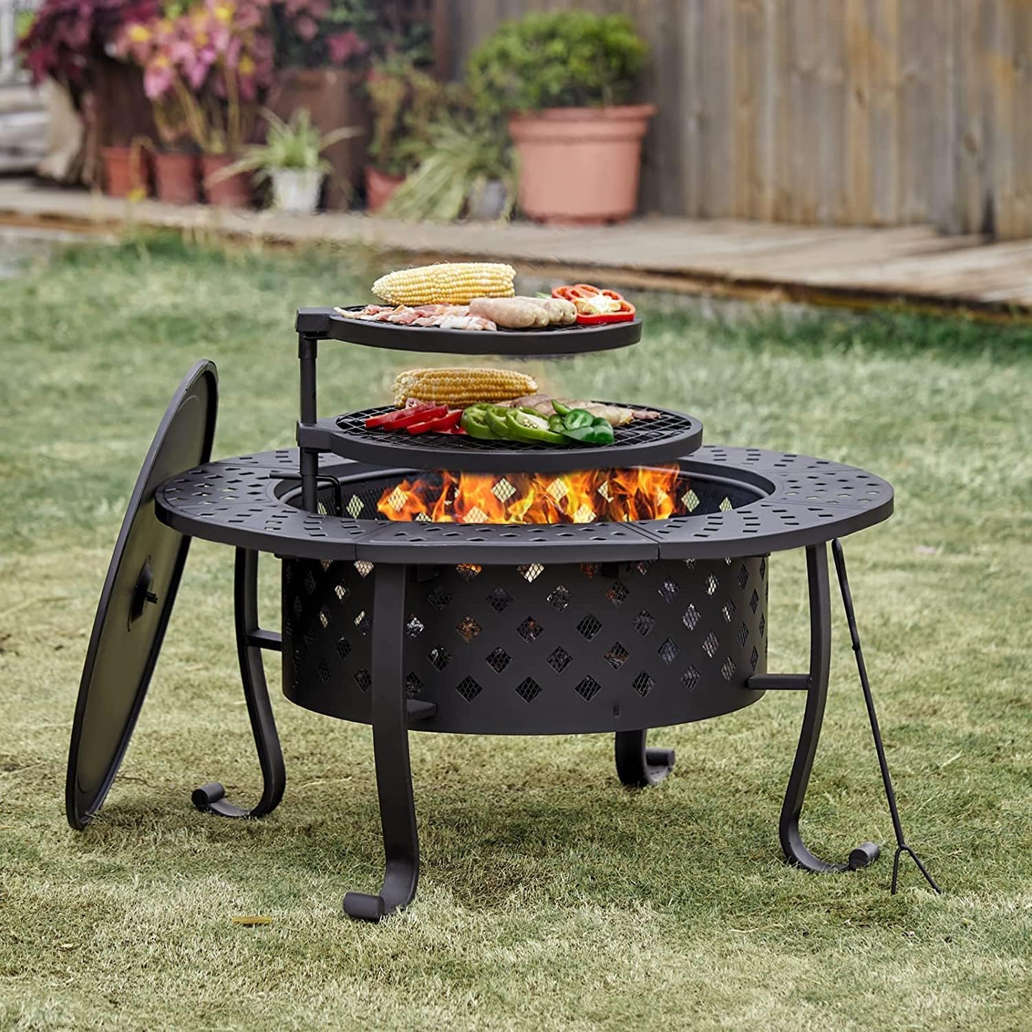 Fogatas al aire libre, hoguera de leña con 2 parrillas y tapa, mesa redonda de metal para hoguera, patio, jardín, campamento, playa (36 pulgadas)