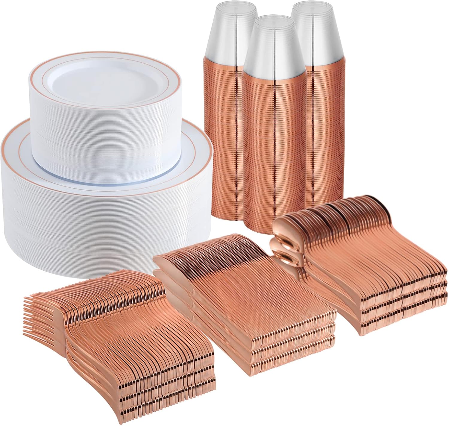 Juego de vajilla desechable de 700 piezas de oro rosa para 100 invitados, platos de plástico con borde de oro rosa, 100 platos llanos, 100 platos de
