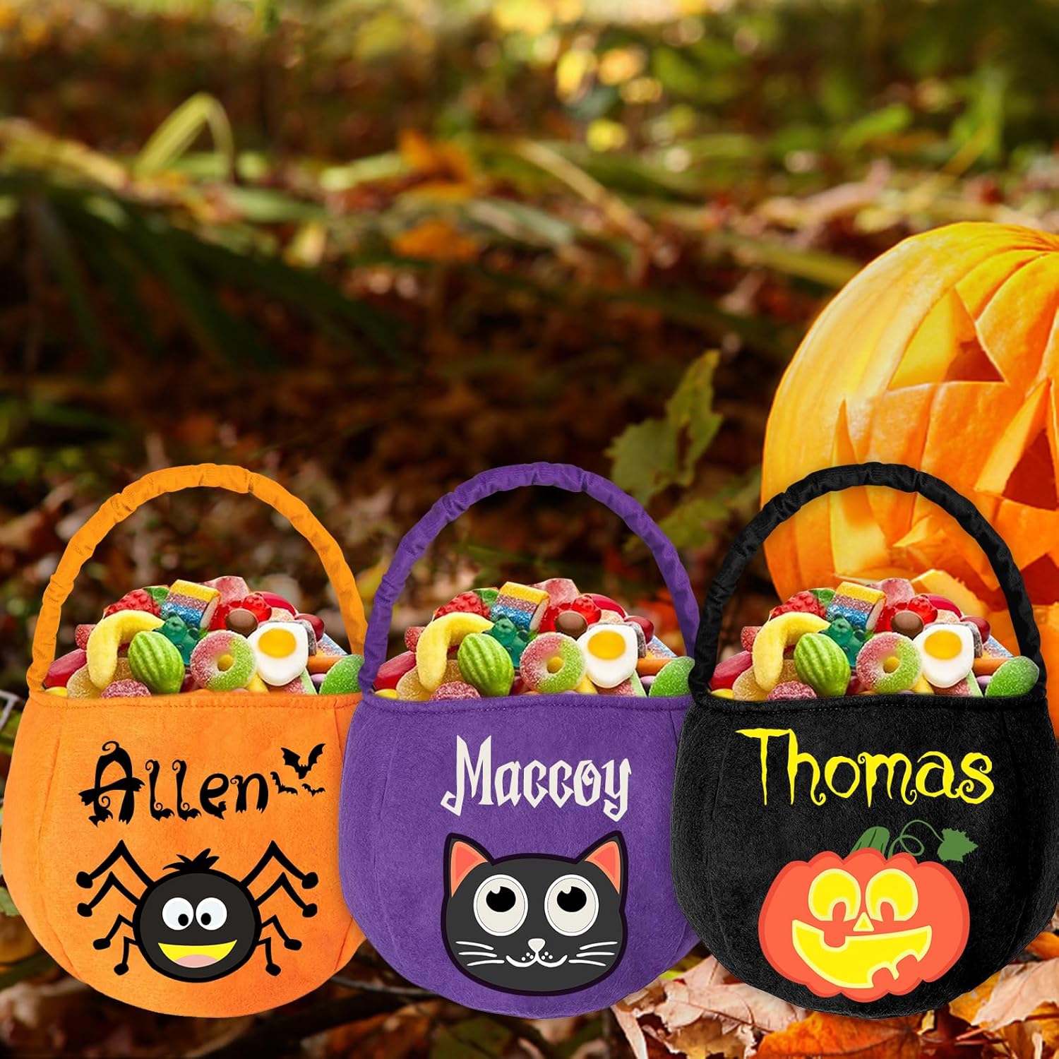 Bolsas de Halloween personalizadas, bolsa de dulce o truco, cesta de dulces con nombre personalizado para niños y niñas, gato