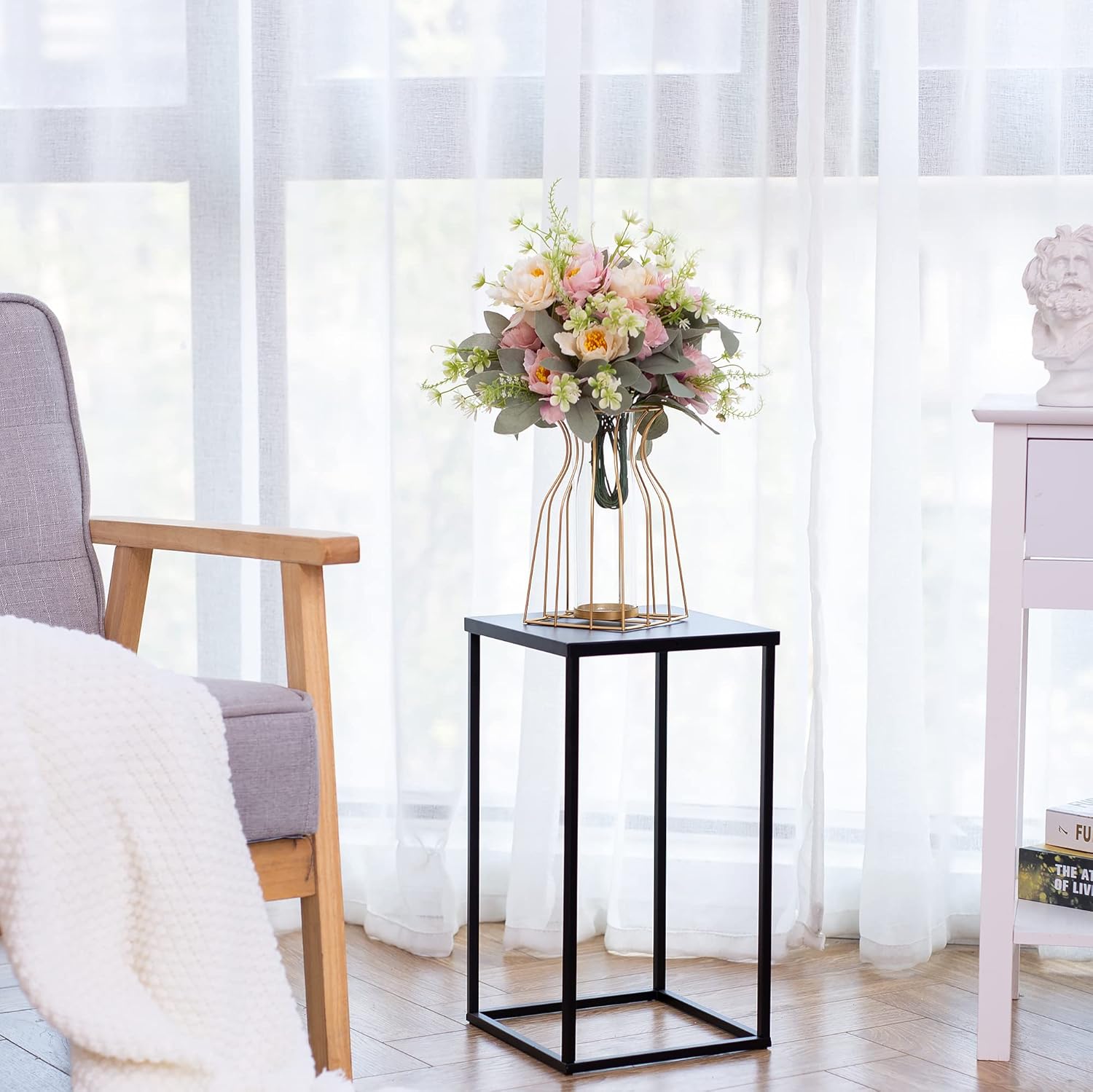 Soporte de pedestal negro para plantas, 2 piezas, soporte de metal para plantas, soporte de flores de 15.75 pulgadas de alto, soporte para flores,