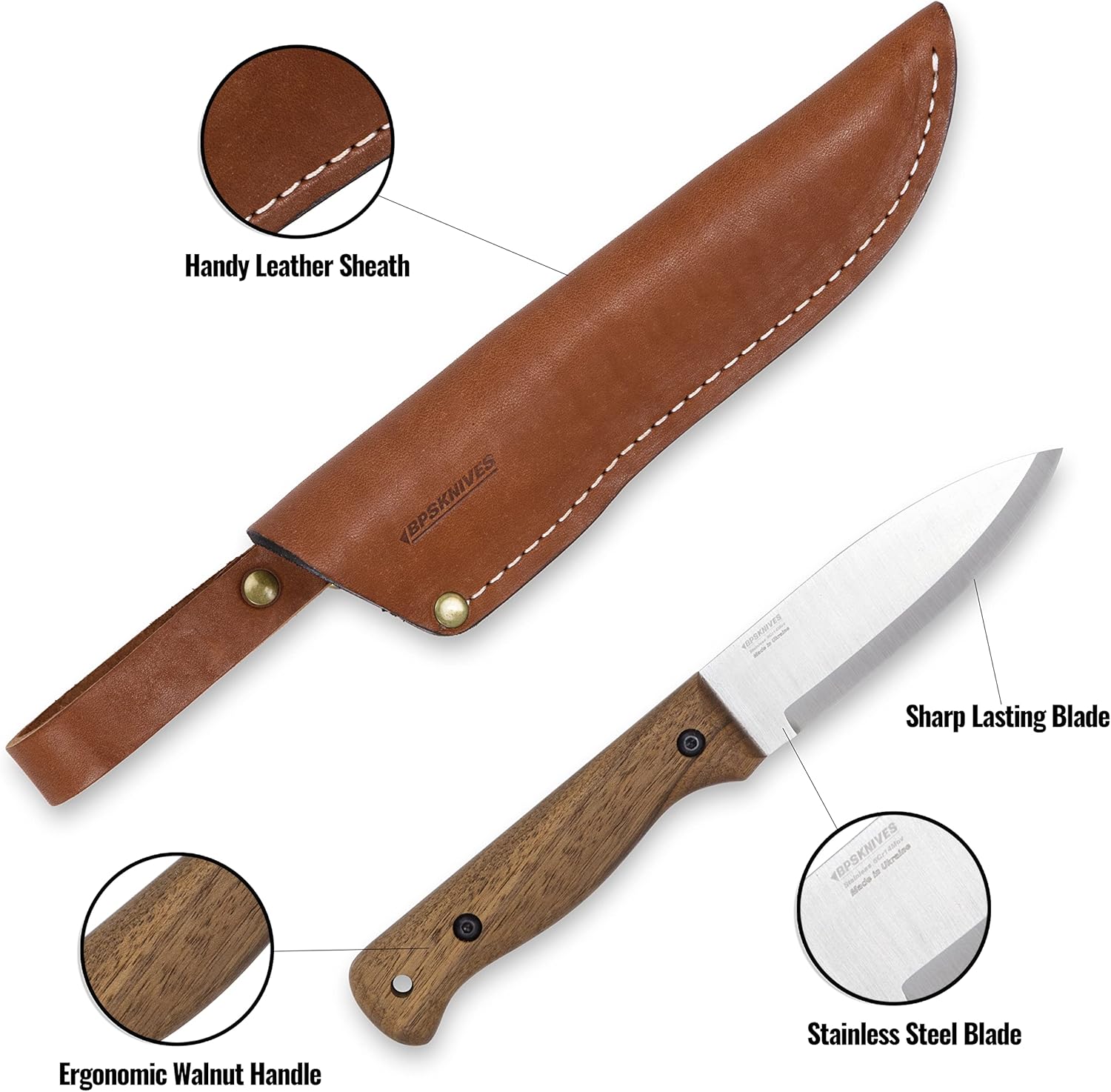 BPS Knives B1 SSH – Cuchillo bushcraft de acero inoxidable con funda de cuero, cuchillos de campamento, cuchillo de hoja fija de espiga completa