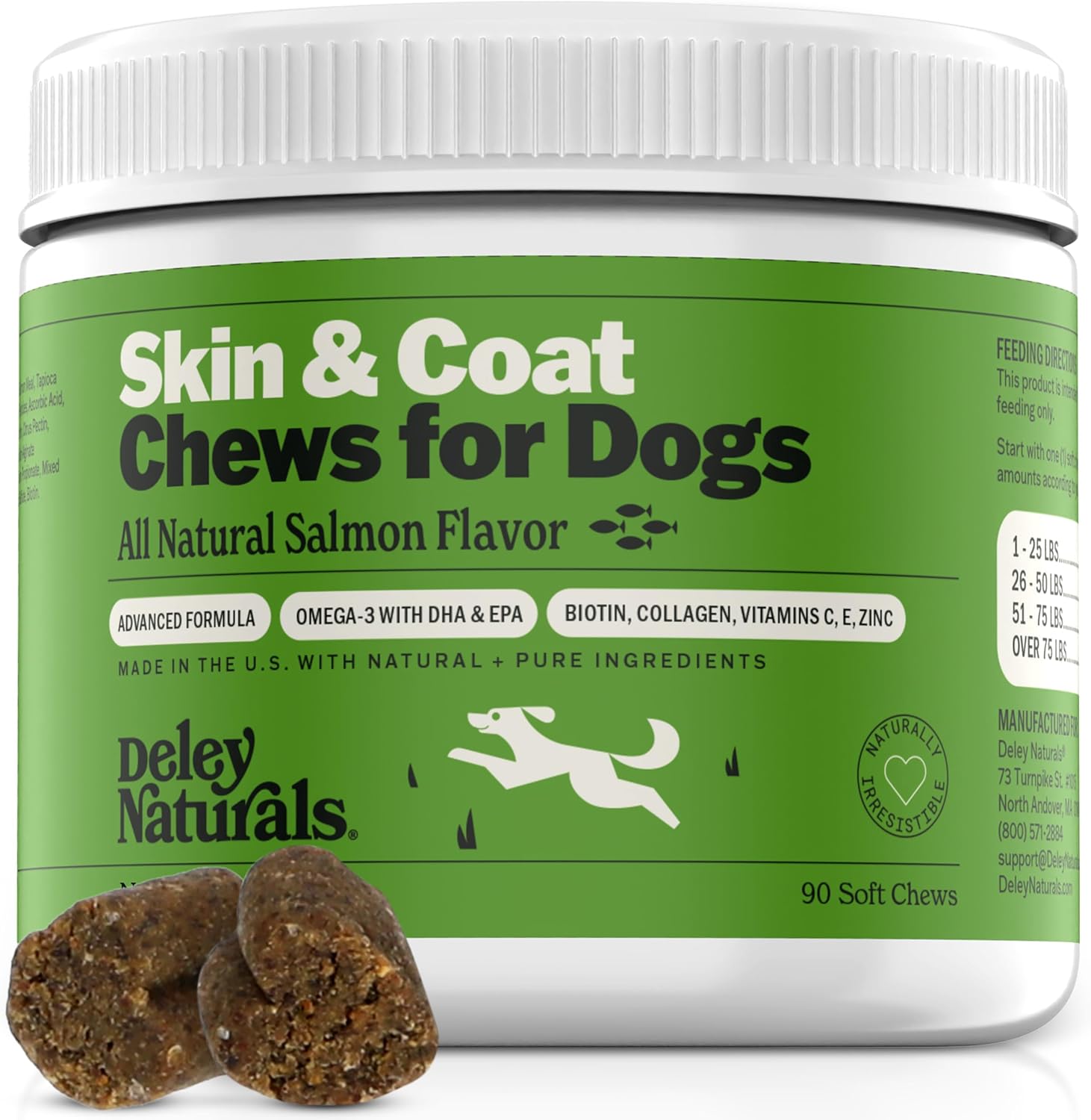 Deley Naturals Masticables Omega para la piel y el pelaje, aceite de pescado Omega 3 con DHA y EPA, biotina, colágeno, vitaminas C, E y zinc,