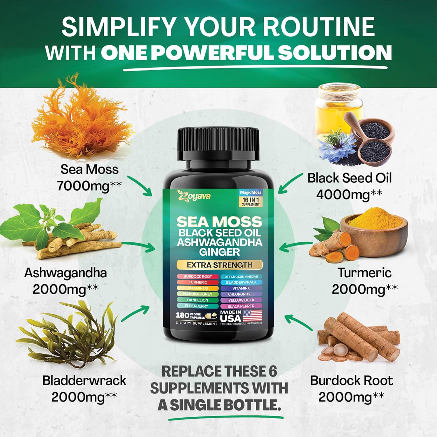 Musgo marino 7000 mg Aceite de semilla negra 4000 mg Ashwagandha 2000 mg Cúrcuma 2000 mg Bladderwrack 2000 mg Bardana 2000 mg y jengibre Vitamina C