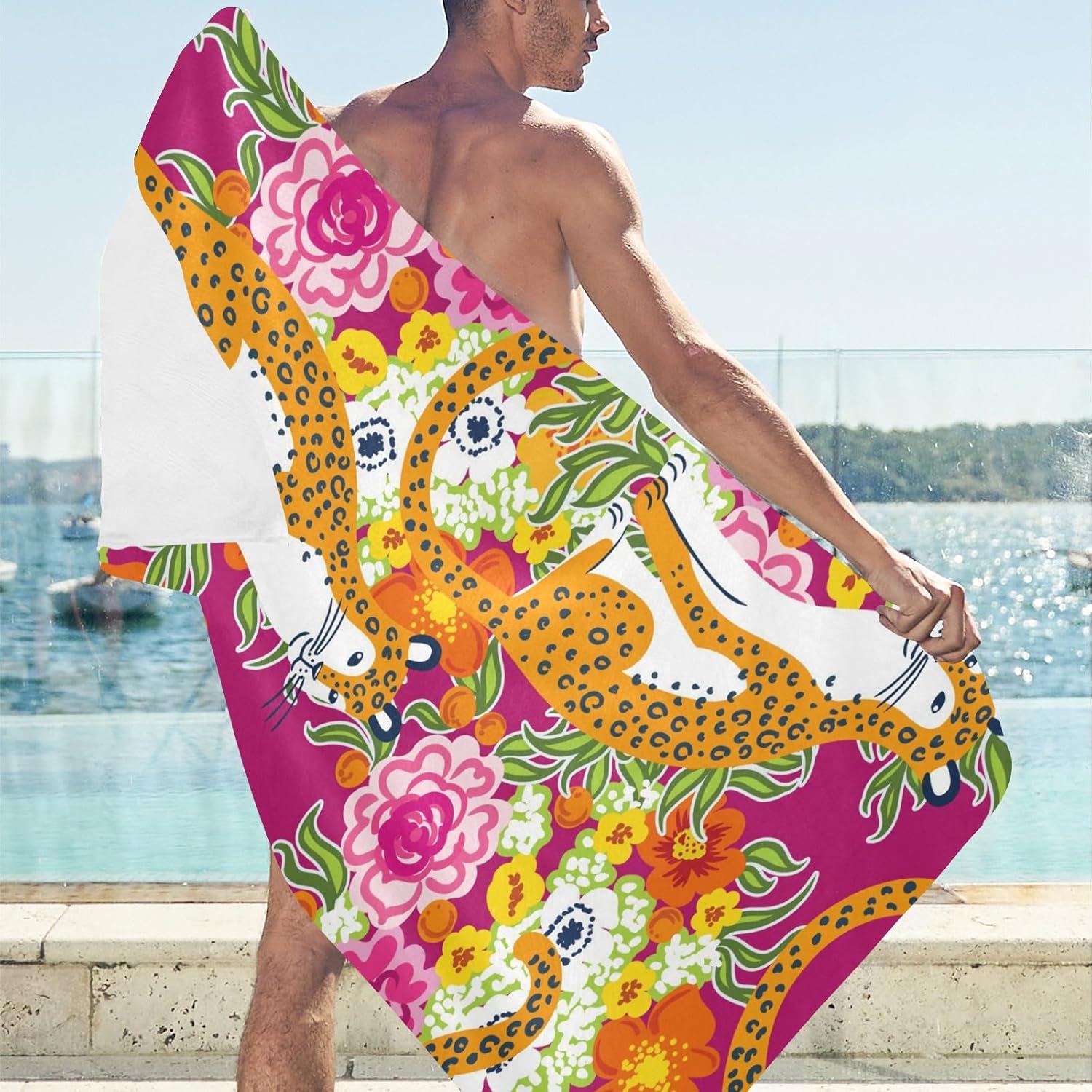 Toalla de playa fina de 30 x 60 pulgadas Chinoiserie Leopard y flores, toalla grande para mujeres, baño, viajes