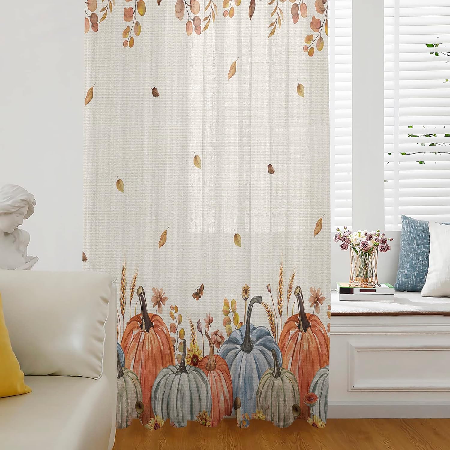 Cortinas de gasa de otoño con diseño de calabazas azules y naranjas de 54 pulgadas de largo, elegantes paneles de ventana de hoja de arce de Acción