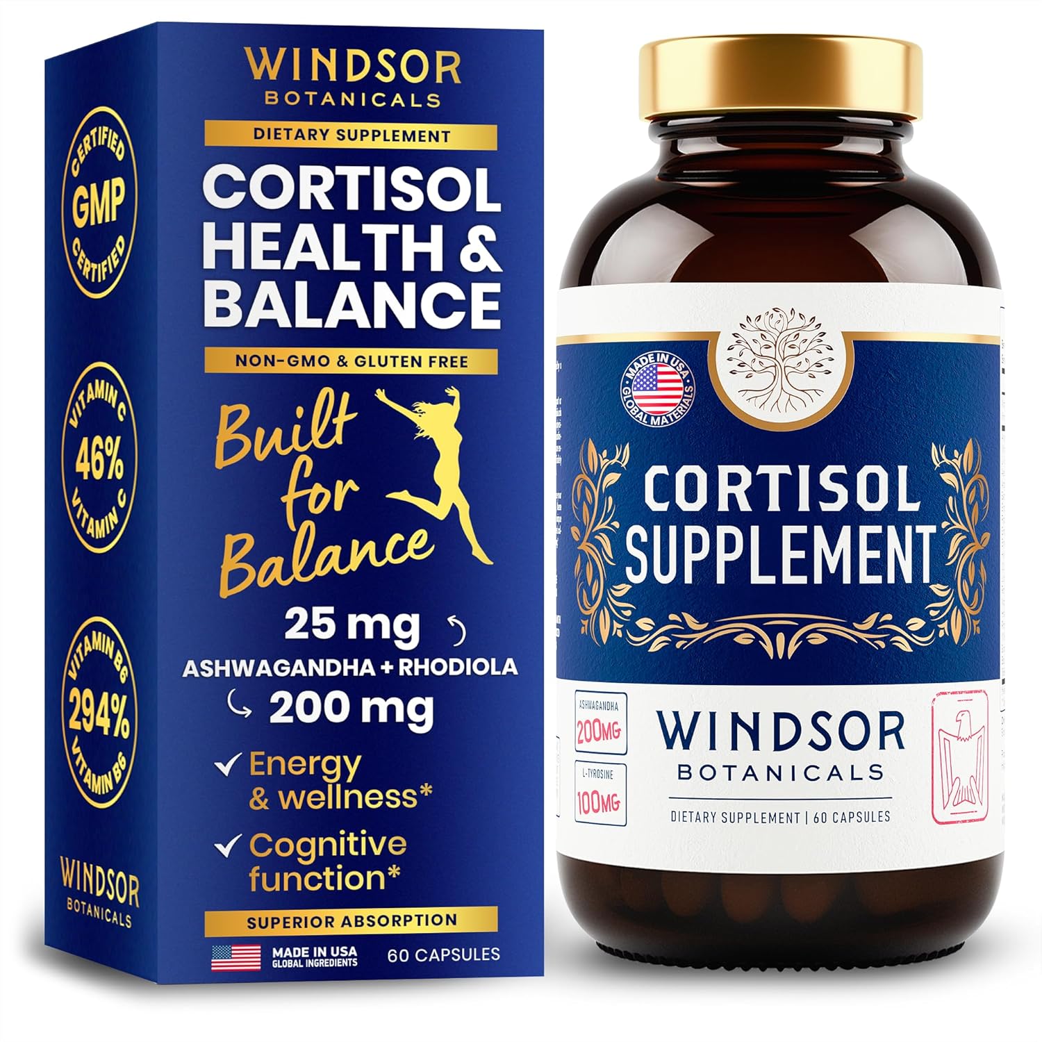 Suplemento de cortisol y reductor de cortisol, administrador de cortisol integrador con Ashwagandha calmante, L-tirosina, estado de ánimo, estrés,