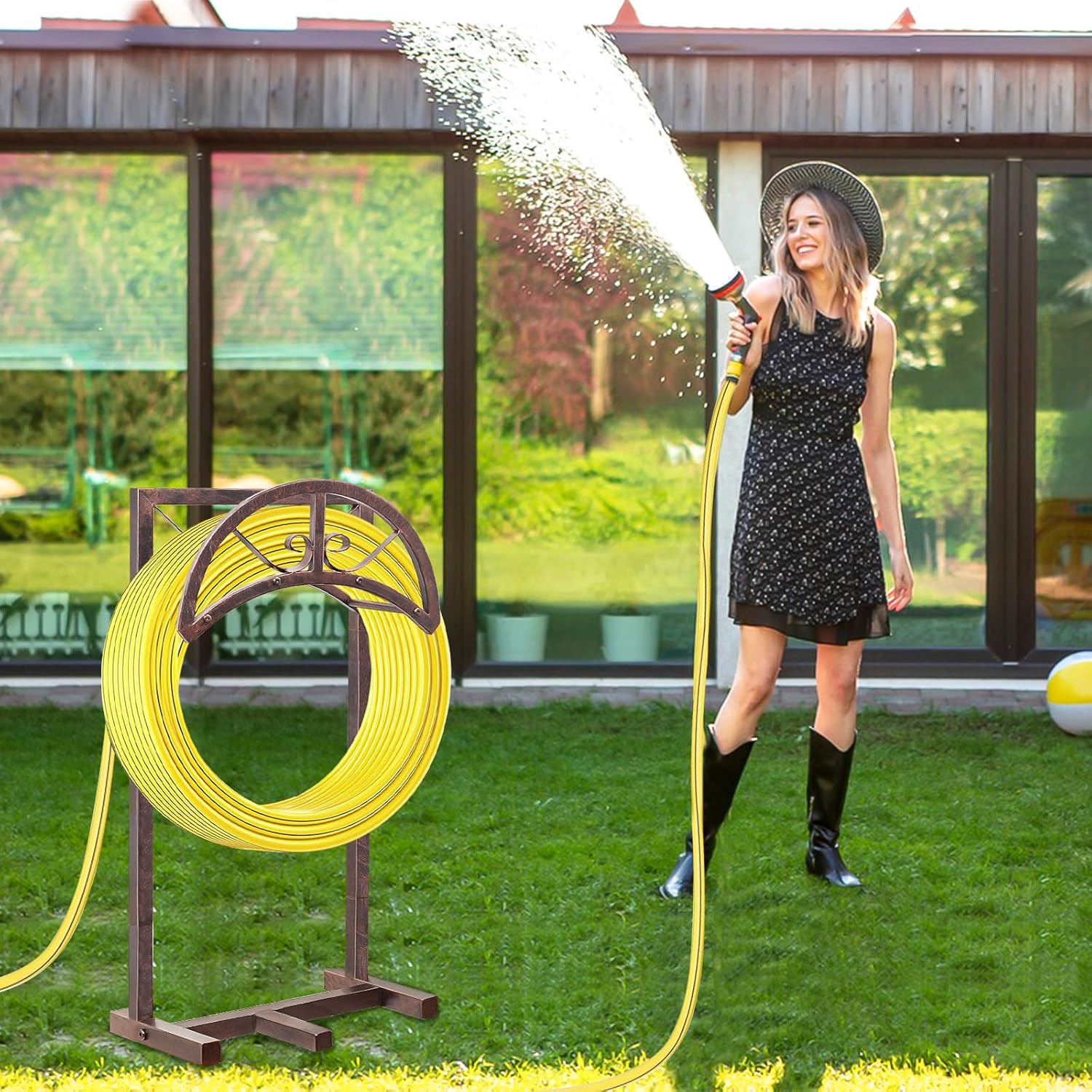 SHUONIVS Soporte para manguera de agua de jardín con 5 picos, colgador de manguera resistente mejorado independiente con capacidad para manguera de