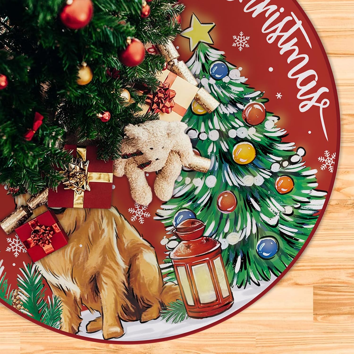 Feliz Navidad Golden Retriever – Falda de árbol de perro de 36 pulgadas con cordones, sombrero de Papá Noel, falda de árbol de Navidad roja