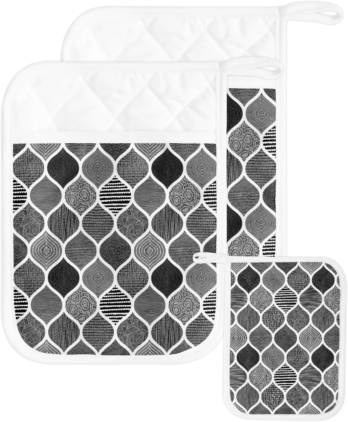 Black Bohemia 2Pcs Pot Holders for Kitchen,Non Slip & Heat Insulation Terry Cloth Potholder Set with Pocket,Thick Hot Pad Oven Mitts Trivet Coaster