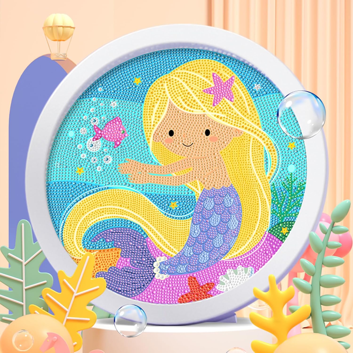 ACSAUMMY Kits de pintura de diamantes 5D para niños con marco de madera, arte y manualidades de diamantes de sirena para niños de 6 a 8 a 10 a 12