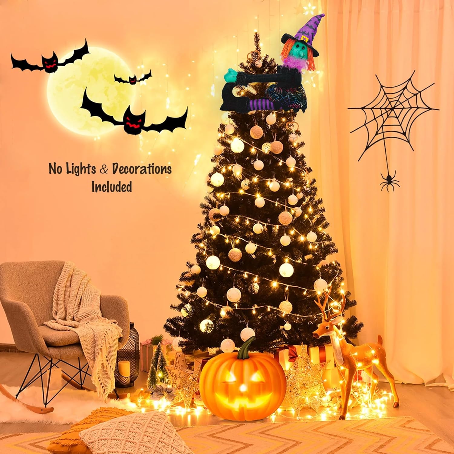 Decoración para árbol de bruja de Halloween, decoración aterradora de Halloween para árbol de Navidad, corbata de cortina de Halloween y botella de