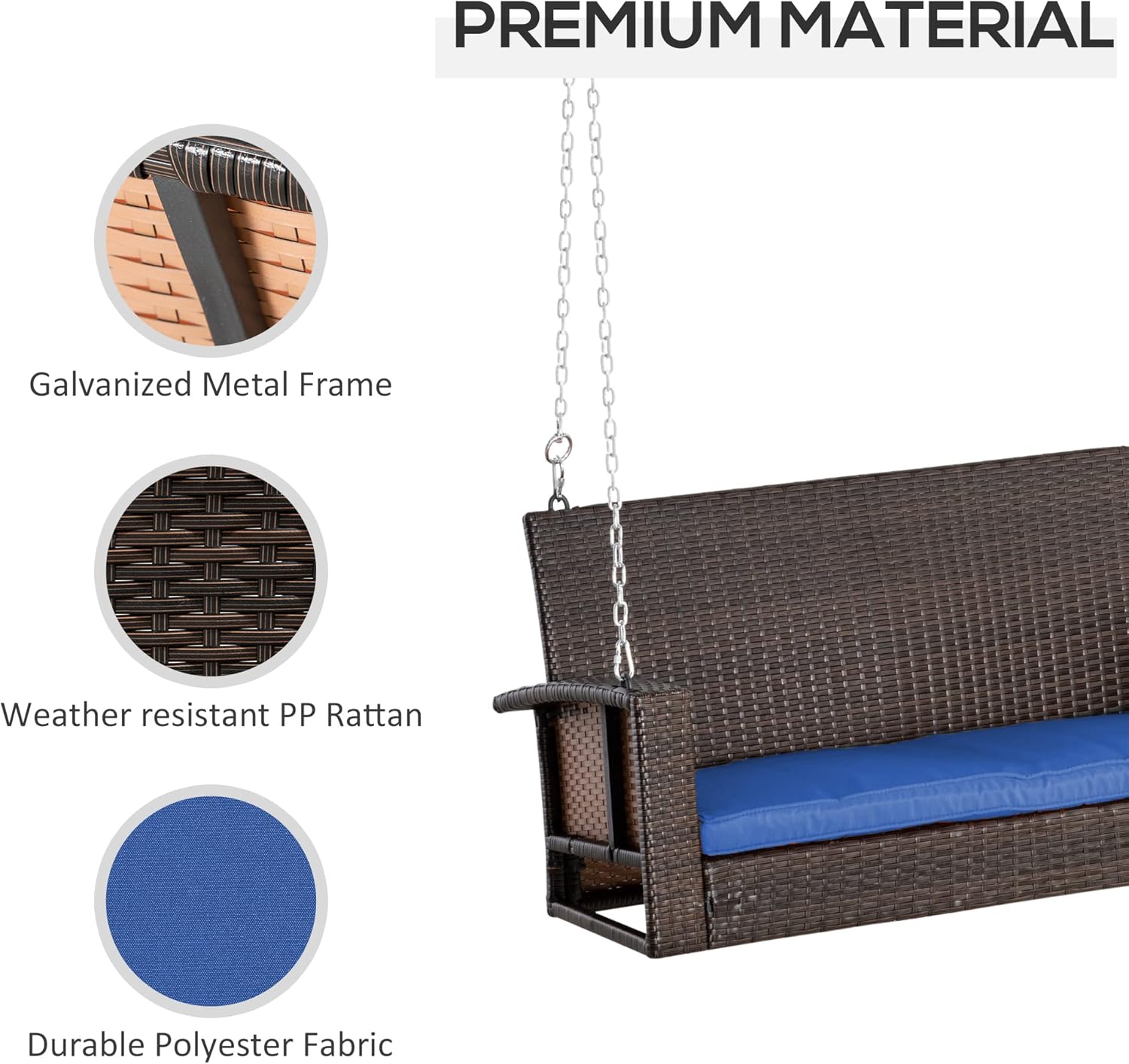Outsunny Banco colgante de mimbre para 2 personas, silla de columpio para porche delantero al aire libre con cojines, capacidad de peso para patio
