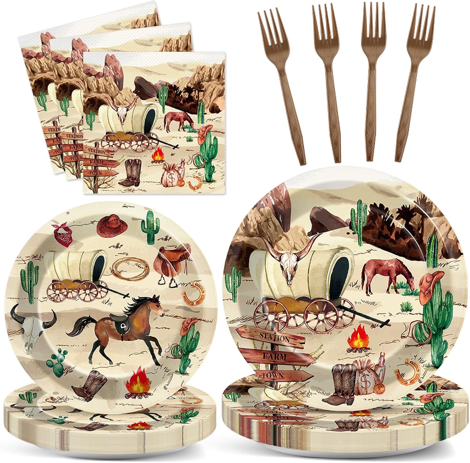 96 piezas de platos de vaquero occidental, servilletas, decoraciones de fiesta de vaquero occidental, vajilla para fiesta de cumpleaños, suministros