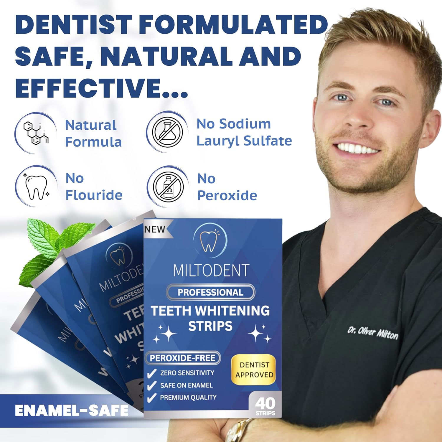 MILTODENT Tiras blanqueadoras de dientes profesionales  Blanqueamiento sin sensibilidad  40 tiras blanqueadoras de dientes sin peróxido  Formulado