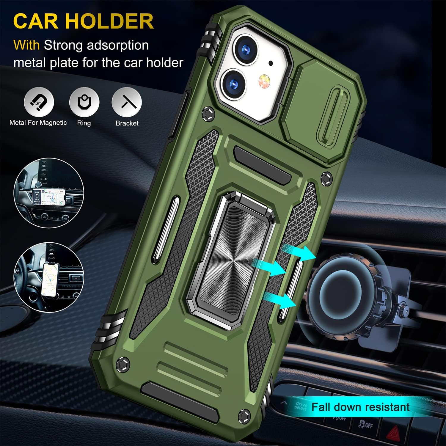 PASNEW Funda para iPhone 11 con protección de lente, rotación de 360, anillo manético, cubierta de cámara militar, cuerpo completo, a prueba de