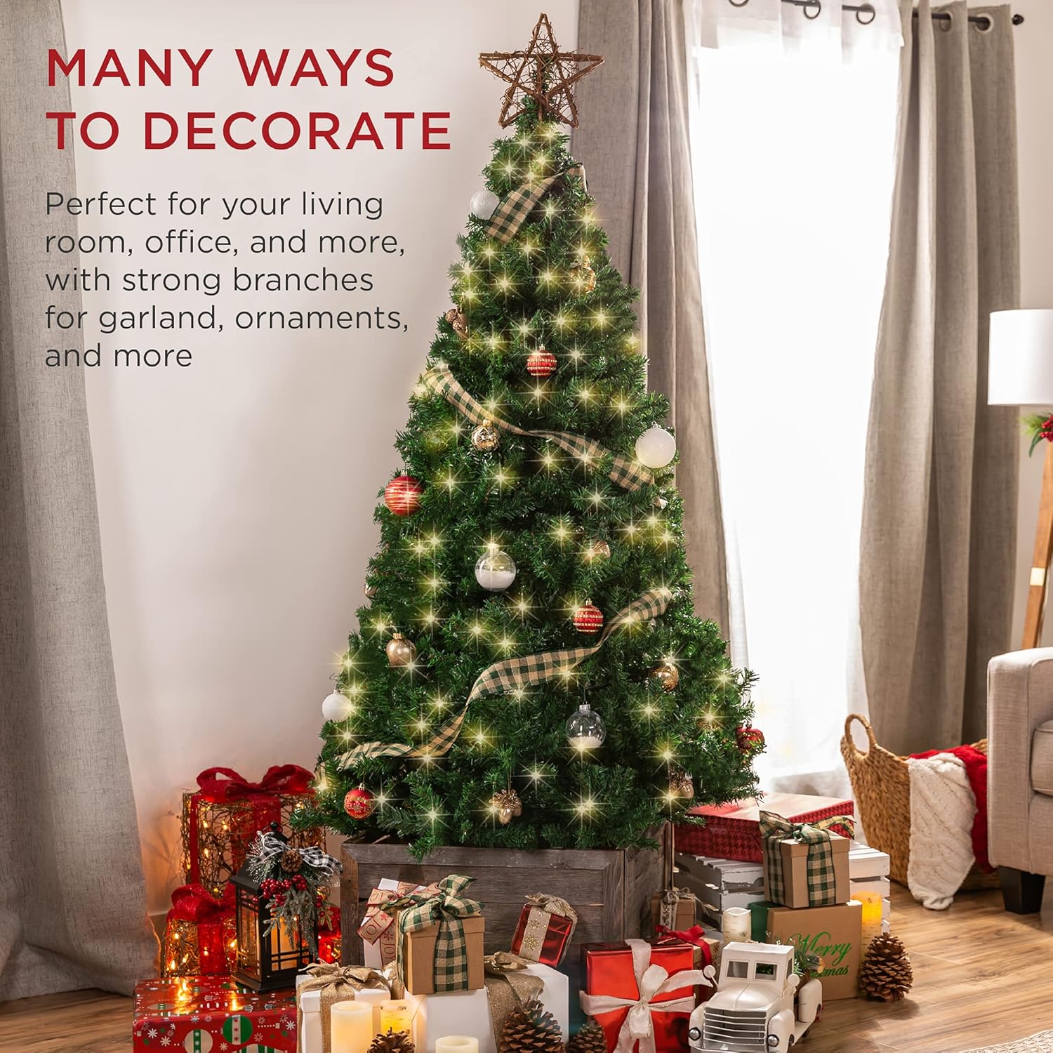 Best Choice Products Árbol de Navidad artificial preiluminado de 6 pies con bisagras para el hogar, oficina, decoración de fiesta con 1,000 puntas