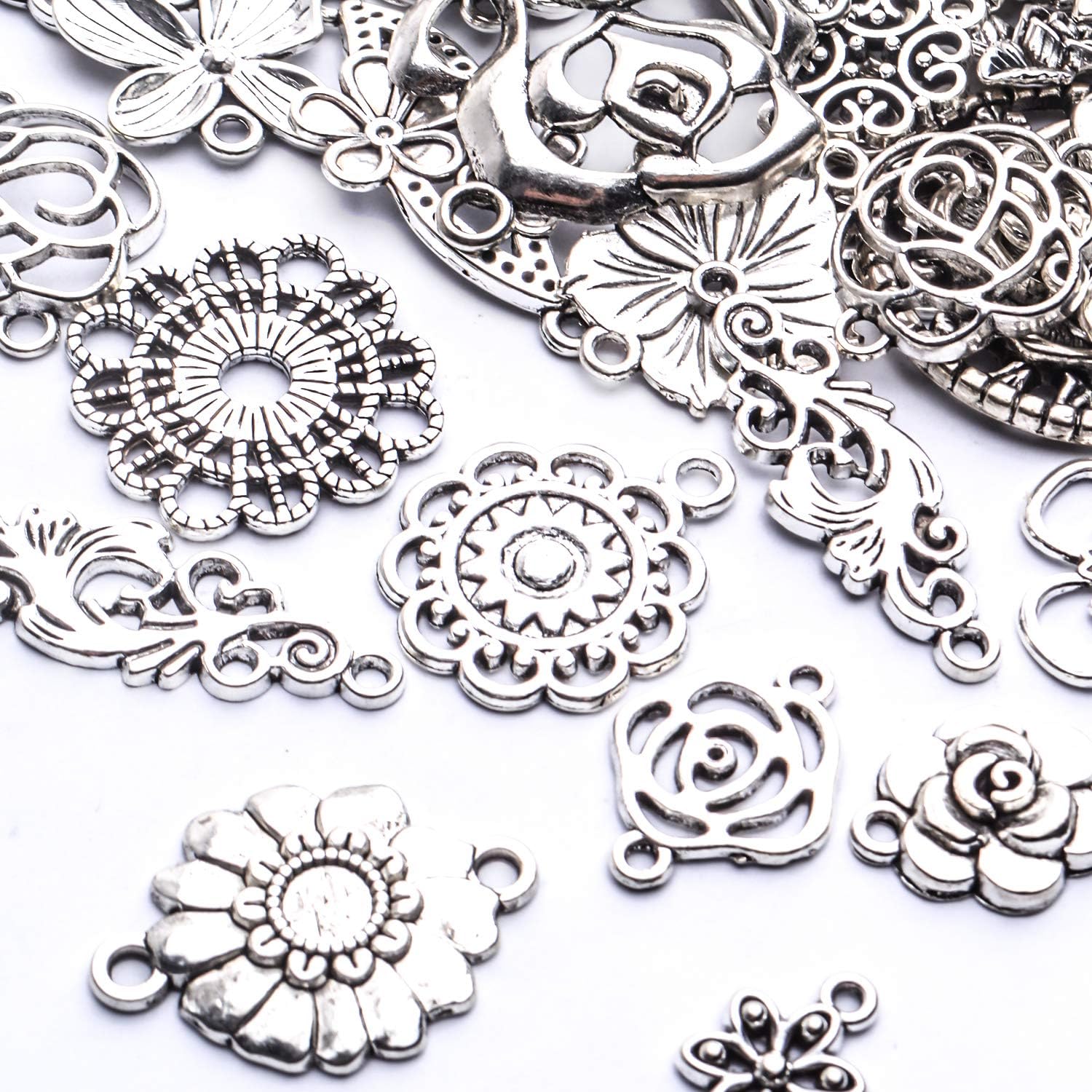 Conectores de joyería de flores, 3.53 oz de plata antigua, conectores tibetanos, dijes de flores de filigrana, suministros de manualidades para