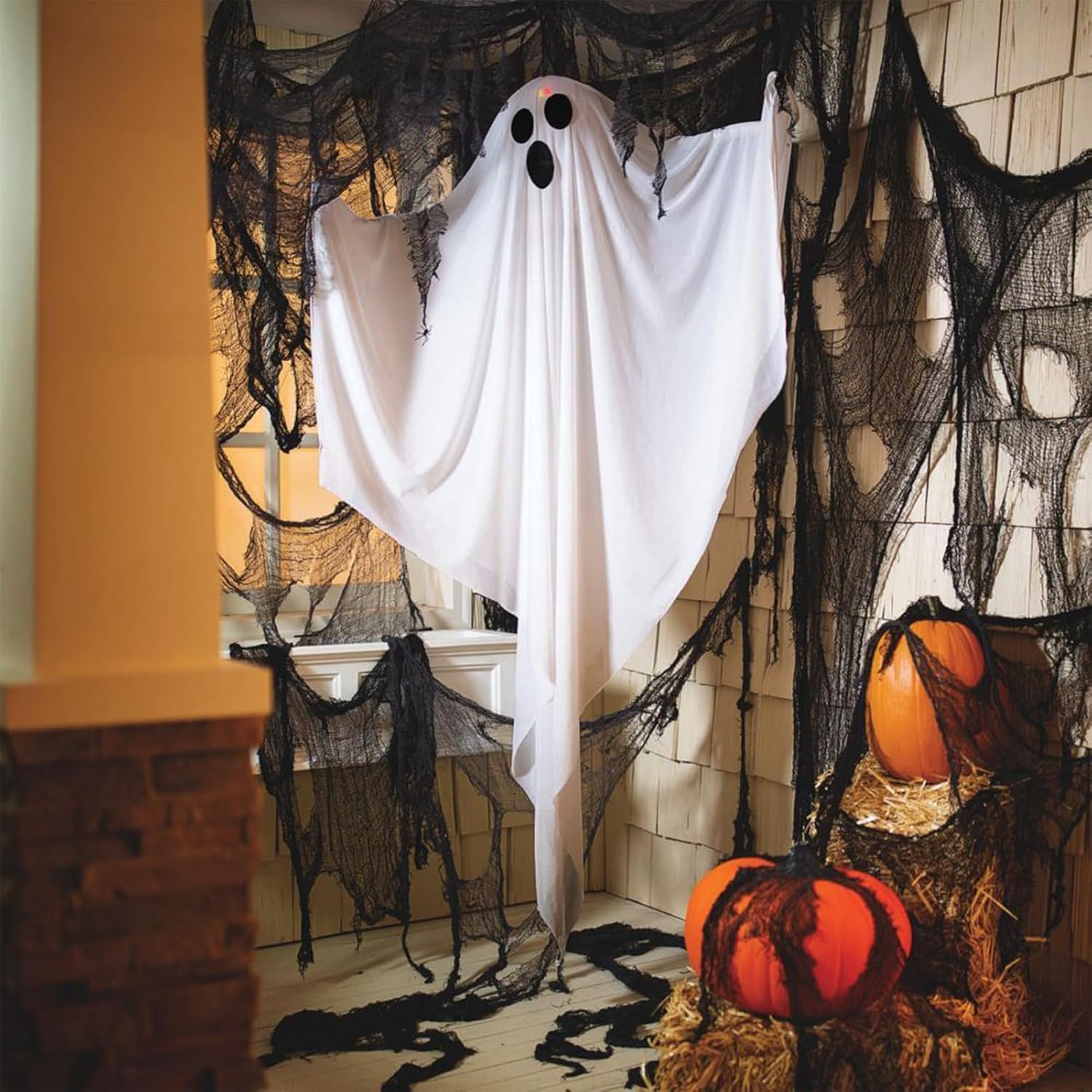 llablurr Tela espeluznante de Halloween de 30 x 400 pulgadas, decoración de Halloween, tela negra espeluznante, gasa aterradora, decoración de