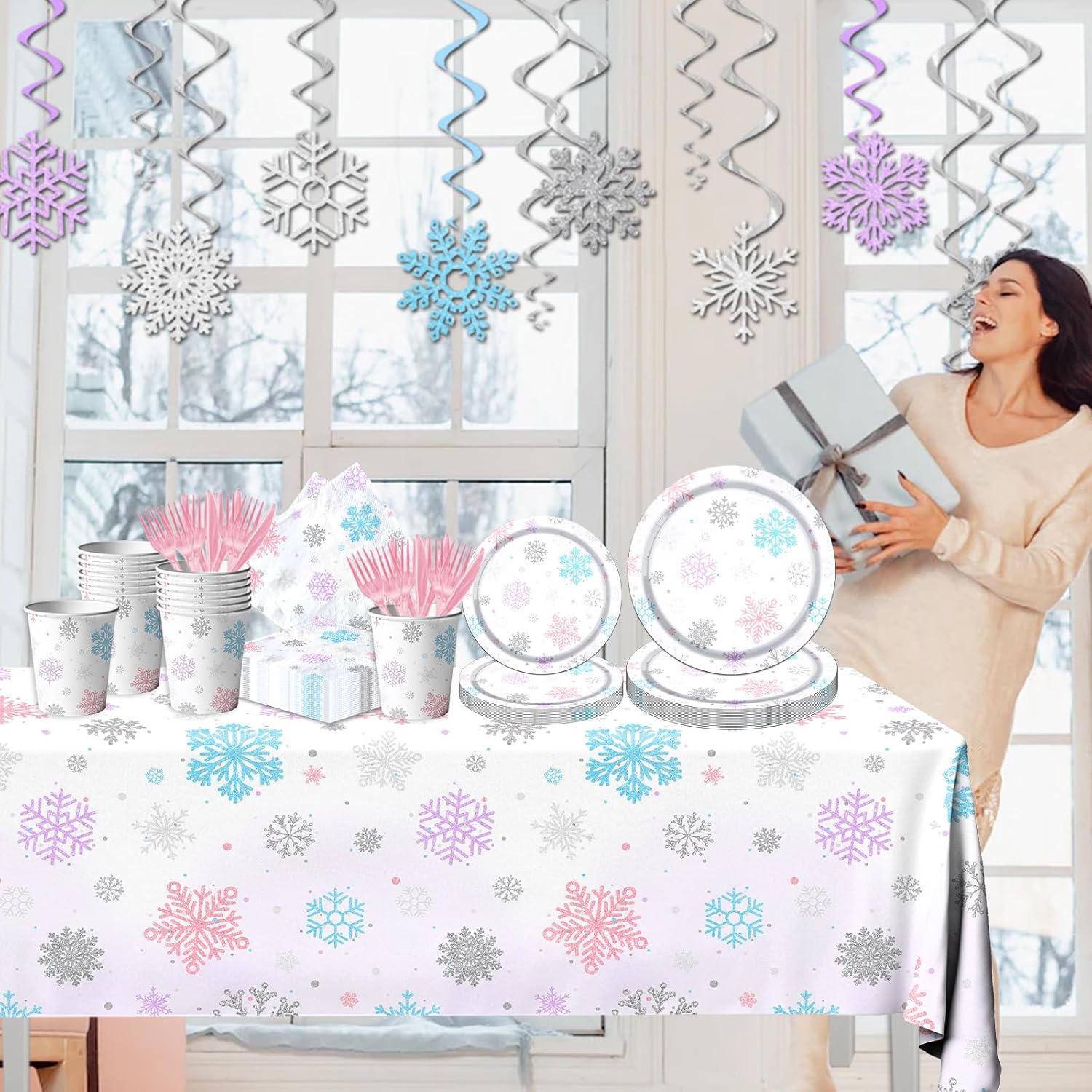 142 piezas de vajilla de copo de nieve de Navidad decoración de fiesta de invierno copo de nieve púrpura colorido tema del país de las maravillas