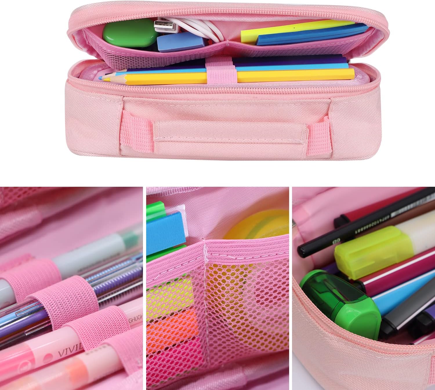 Estuche organizador portátil de color rosa para lápices, de gran capacidad, para adultos, adolescentes y estudiantes, ideal para uso en la oficina y