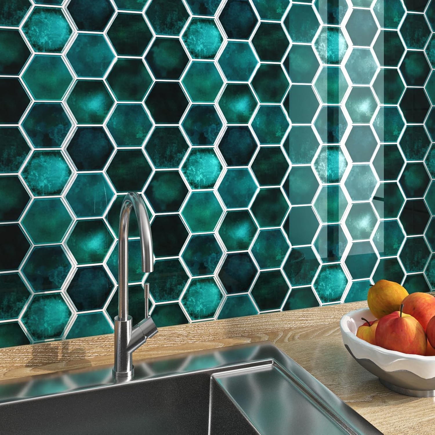 FunStick 15 azulejos de azulejos de color verde esmeralda, despegar y pegar, para cocina, baño, 12 x 12 pulgadas, hexagonales, para salpicaduras,