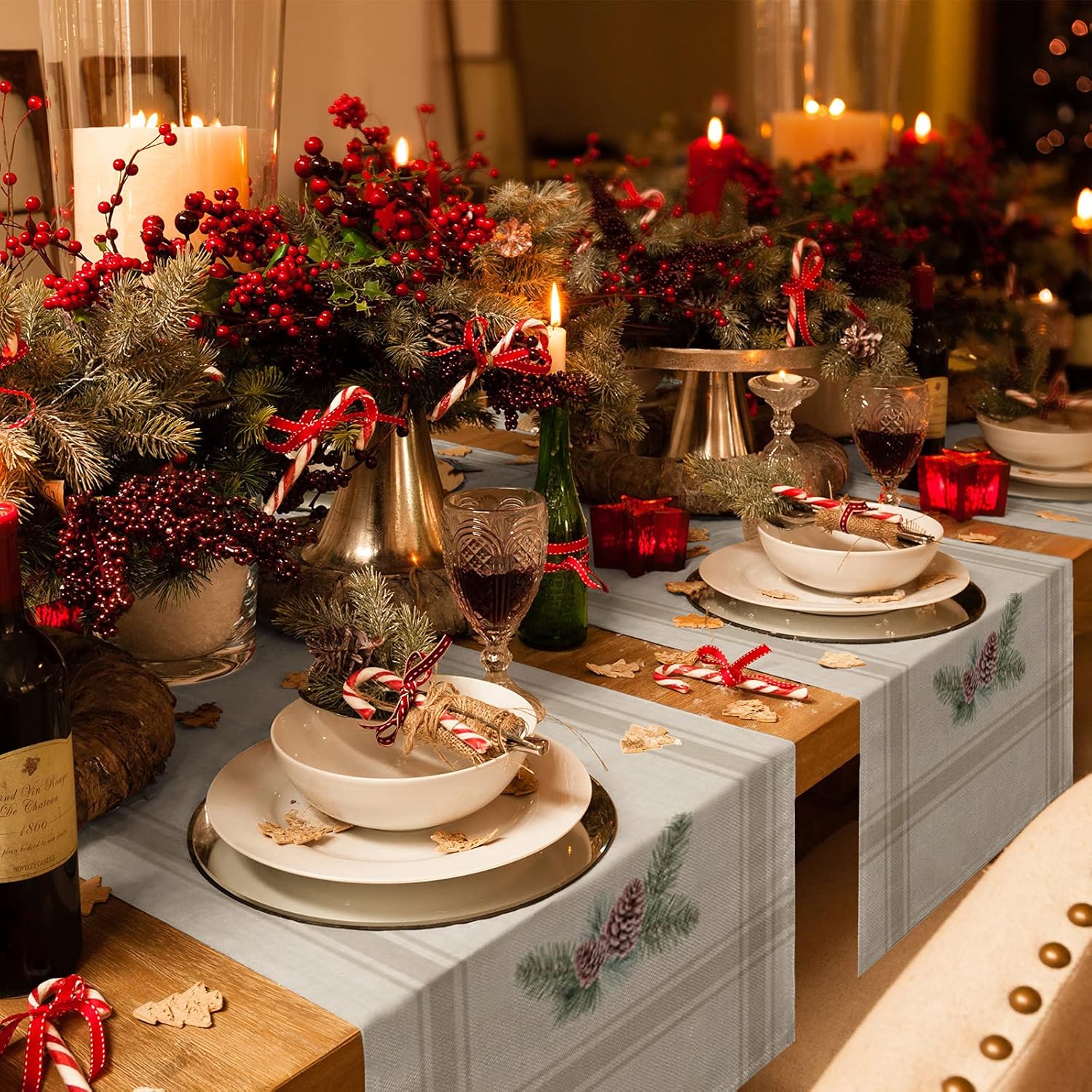 Camino de mesa largo de pino de invierno de Navidad, bodacafé, mantel estilo granja para comedor, vacaciones, fiesta, decoración interior y