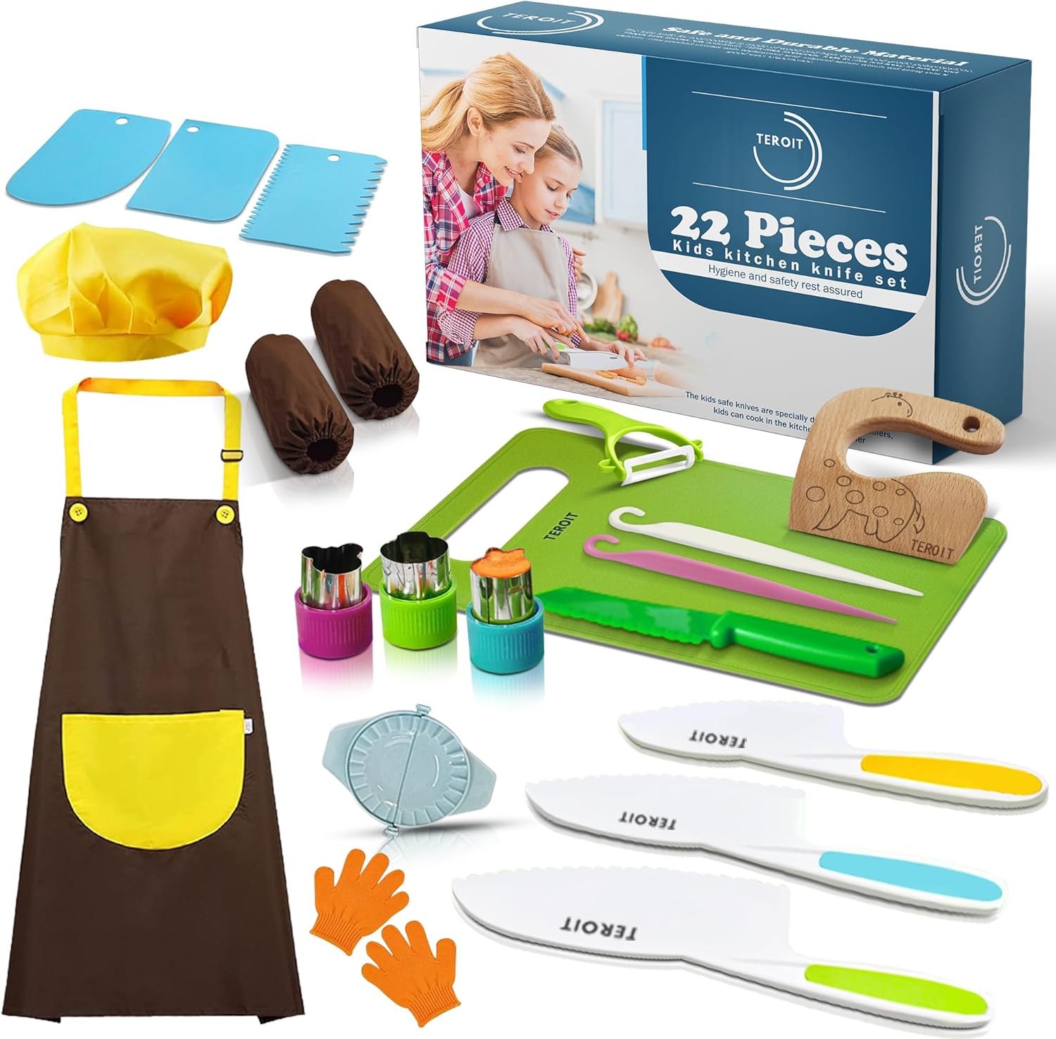 Juego completo de 22 cuchillos infantiles para cocina real, guantes, tabla de cortar frutas, verduras, bordes dentados, cuchillos de plástico para