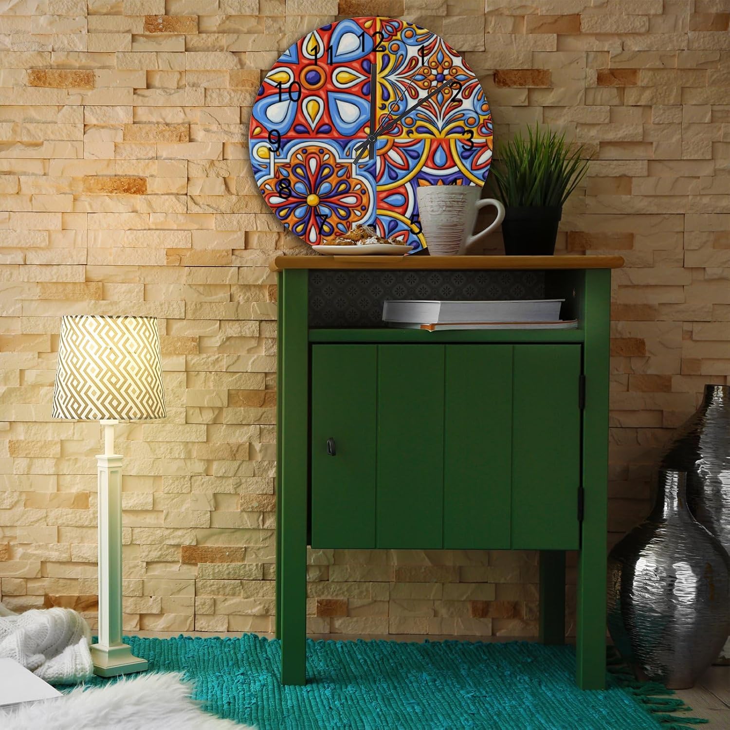 Reloj de pared redondo de madera de Talavera mexicana de 12 pulgadas, funciona con pilas, silencioso, sin tictac, fácil de leer, decoración de pared