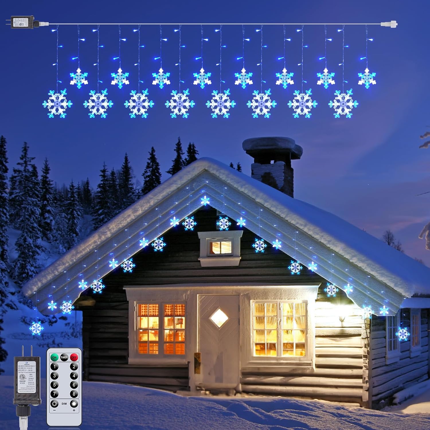 Minetom Luces de carámbano de copo de nieve de Navidad para exteriores, 13 pies, 16 gotas, 192 luces LED de copo de nieve, conectables para