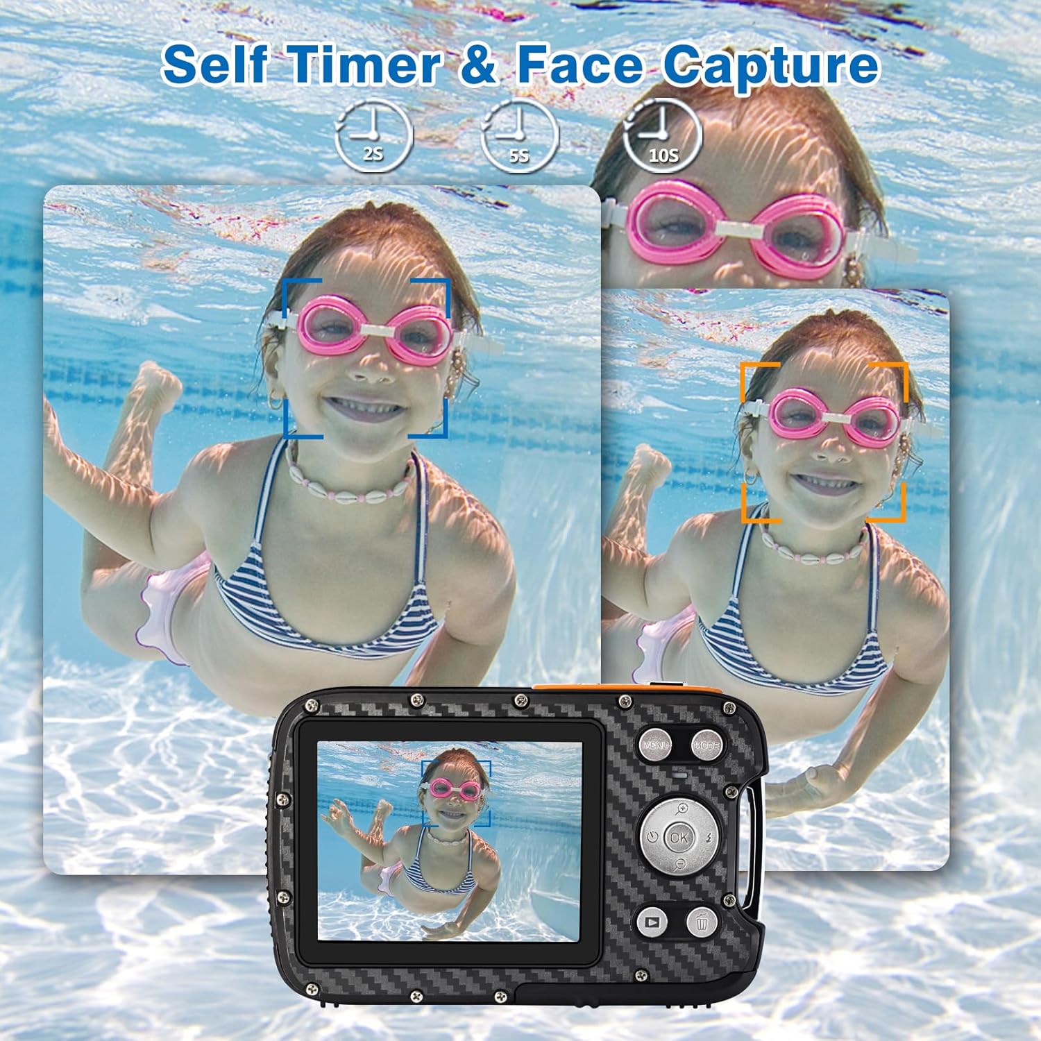 Cámara impermeable lovpo Cámara subacuática de 16 pies con tarjeta SD de 32 GB y luz de relleno, FHD 1080P 21MP cámara de apuntar y disparar para