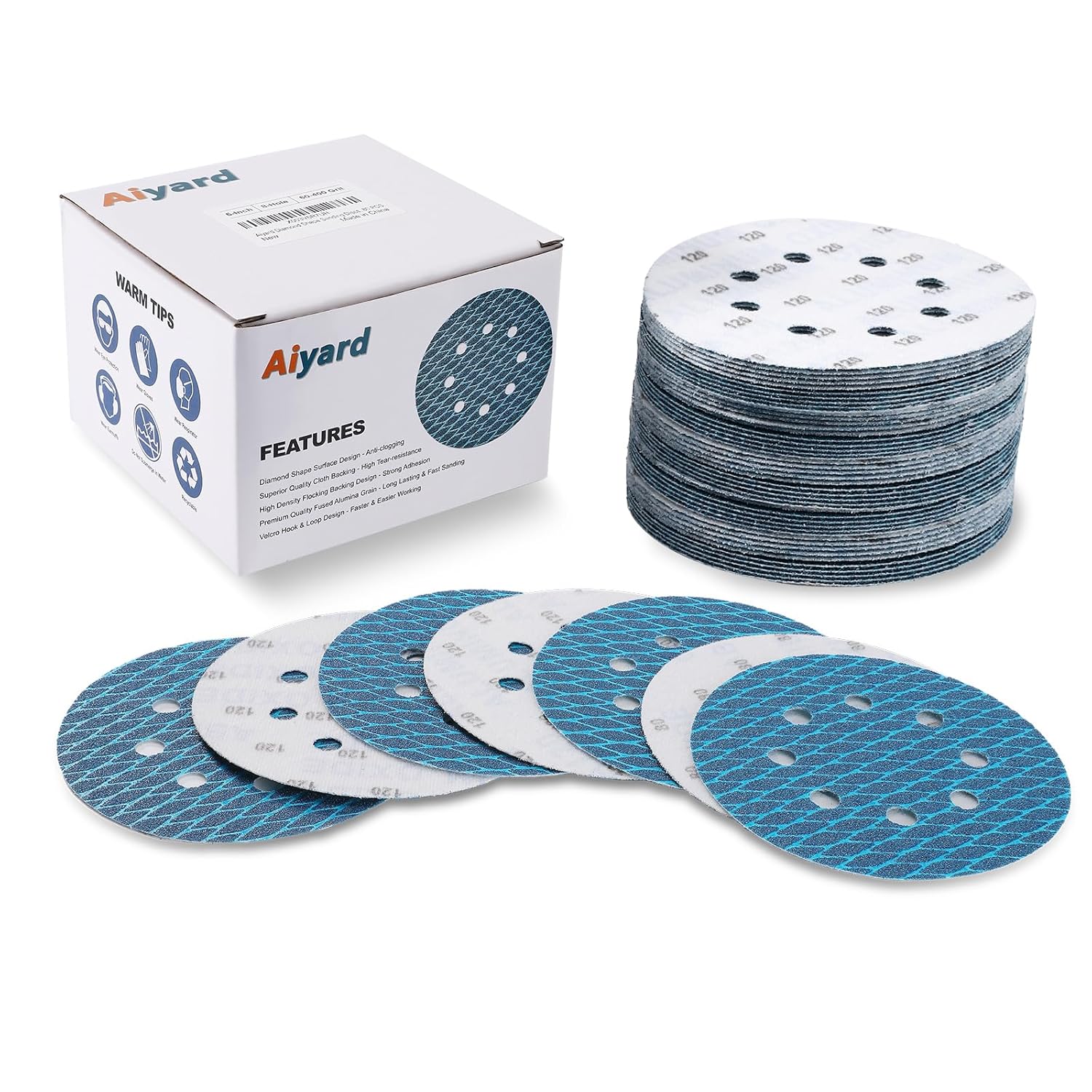 Discos de lija con forma de diamante de 5 pulgadas, 8 agujeros, papel de lija de grano 120, paquete de 80