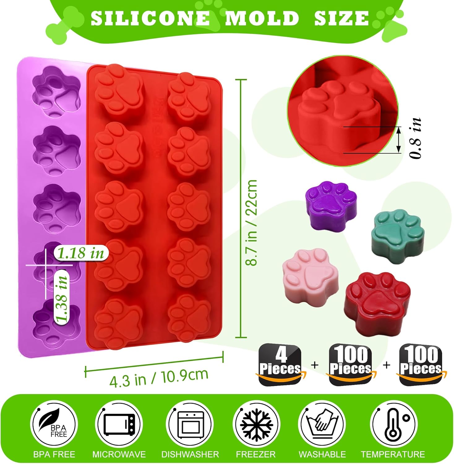 Paquete de 4 moldes de silicona para patas y huesos de cachorro, moldes para hornear, molde de silicona para golosinas y 100 bolsas de golosinas