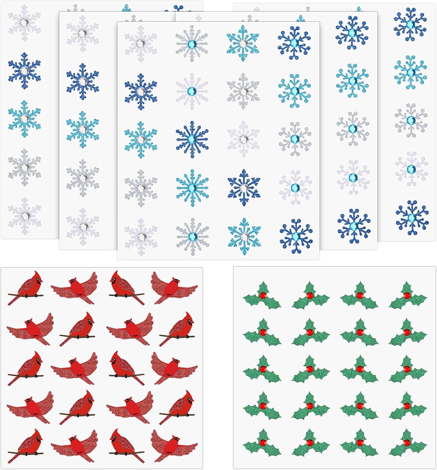 Zonon 300 calcomanías de acebo de Navidad, copos de nieve, calcomanías de purpurina dimensional de diamante 3D de Navidad, calcomanías decorativas