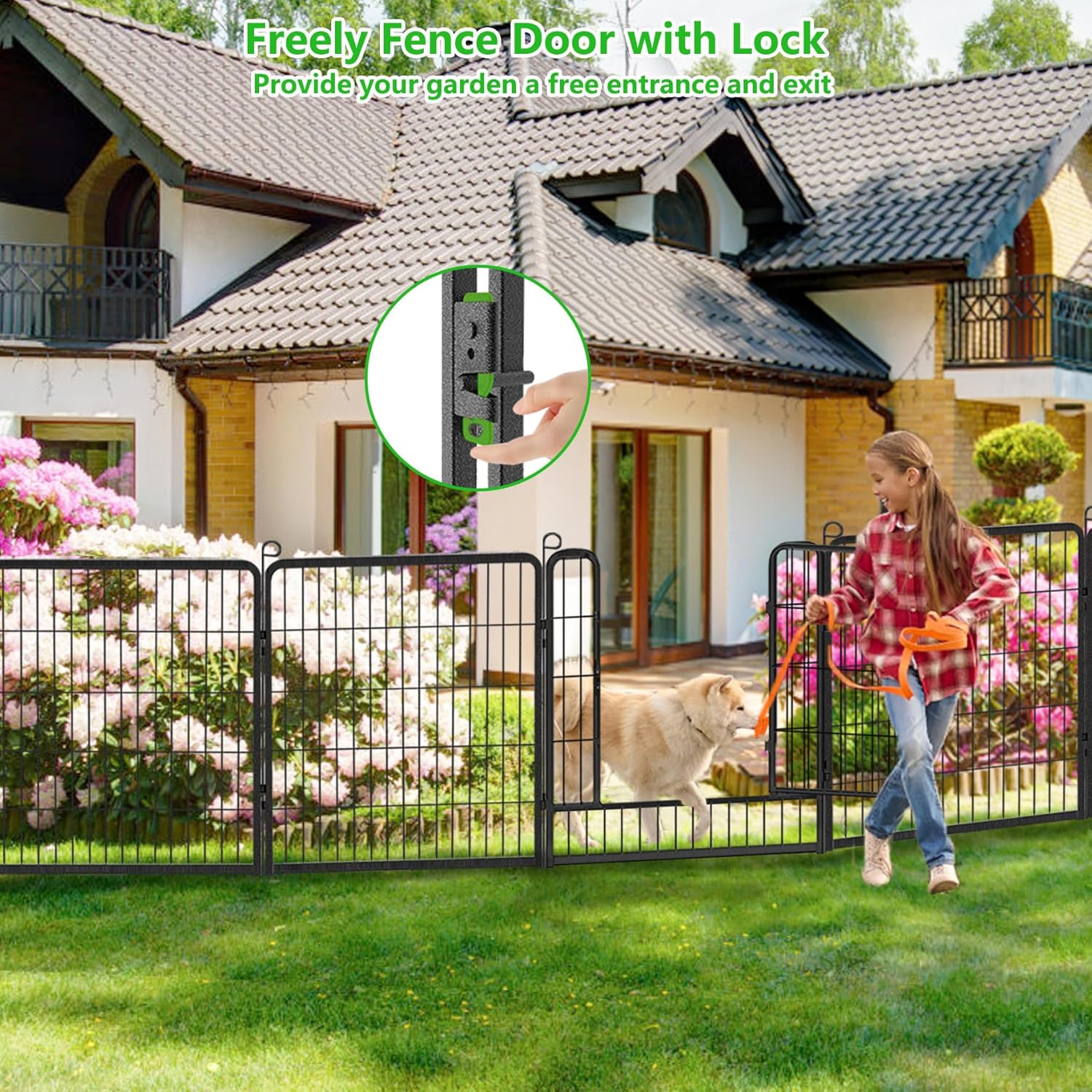 Valla decorativa de metal para jardín con puerta, 32 pulgadas de alto x 64 pies de largo, valla sin excavación, 24 paneles para perros, valla de