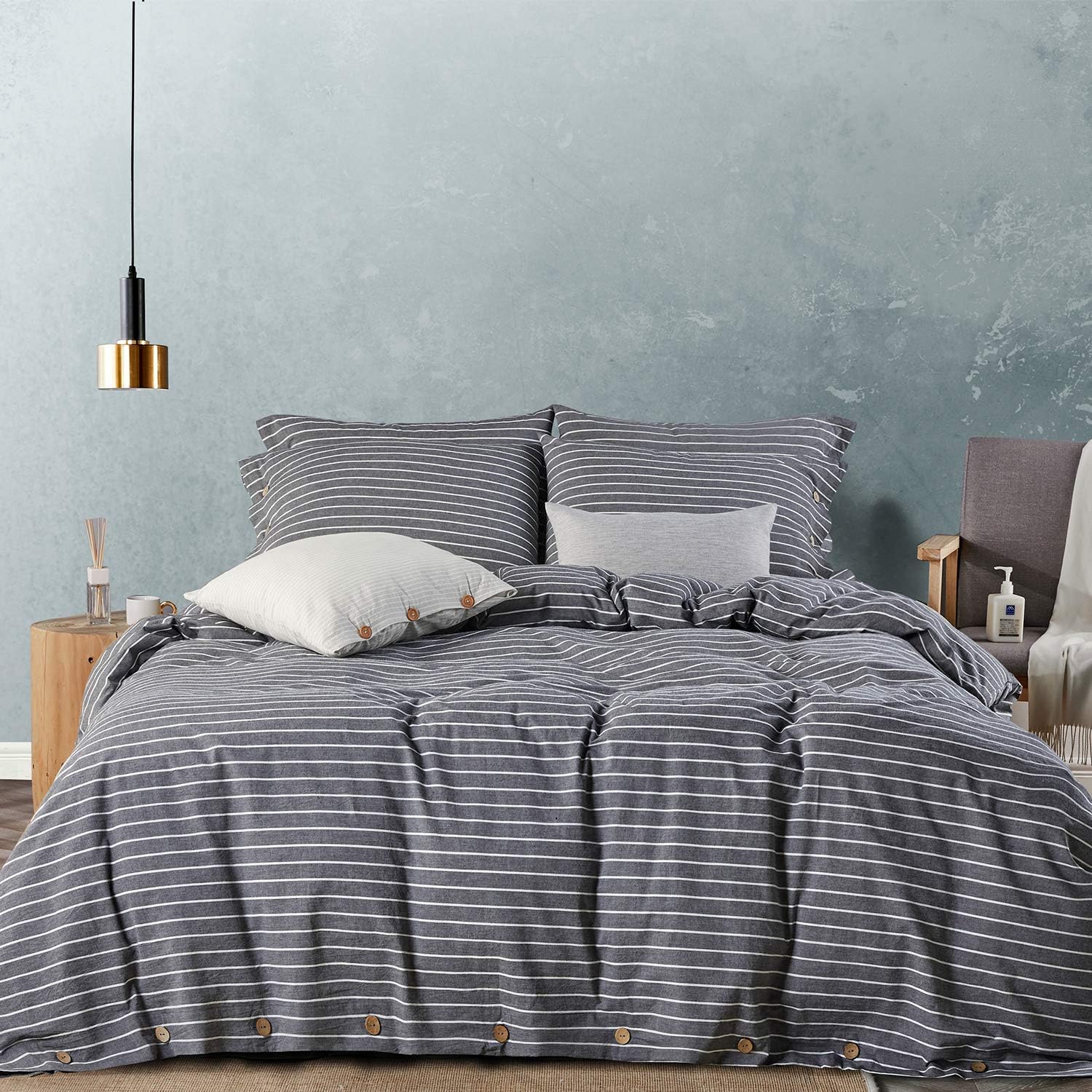 JELLYMONI Pinstriped 100% Washed Cotton Linen Like Duvet Cover Set, 3 Pieces Luxury Soft Bedding Set with Buttons Closure, Grey Stripes Pattern