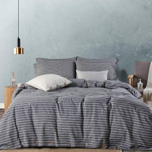 JELLYMONI Pinstriped 100% Washed Cotton Linen Like Duvet Cover Set, 3 Pieces Luxury Soft Bedding Set with Buttons Closure, Grey Stripes Pattern JELLYMONI Pinstriped 100% Washed Cotton Linen Like Duvet Cover Set, 3 Pieces Luxury Soft Bedding Set with Buttons Closure, Grey Stripes Pattern