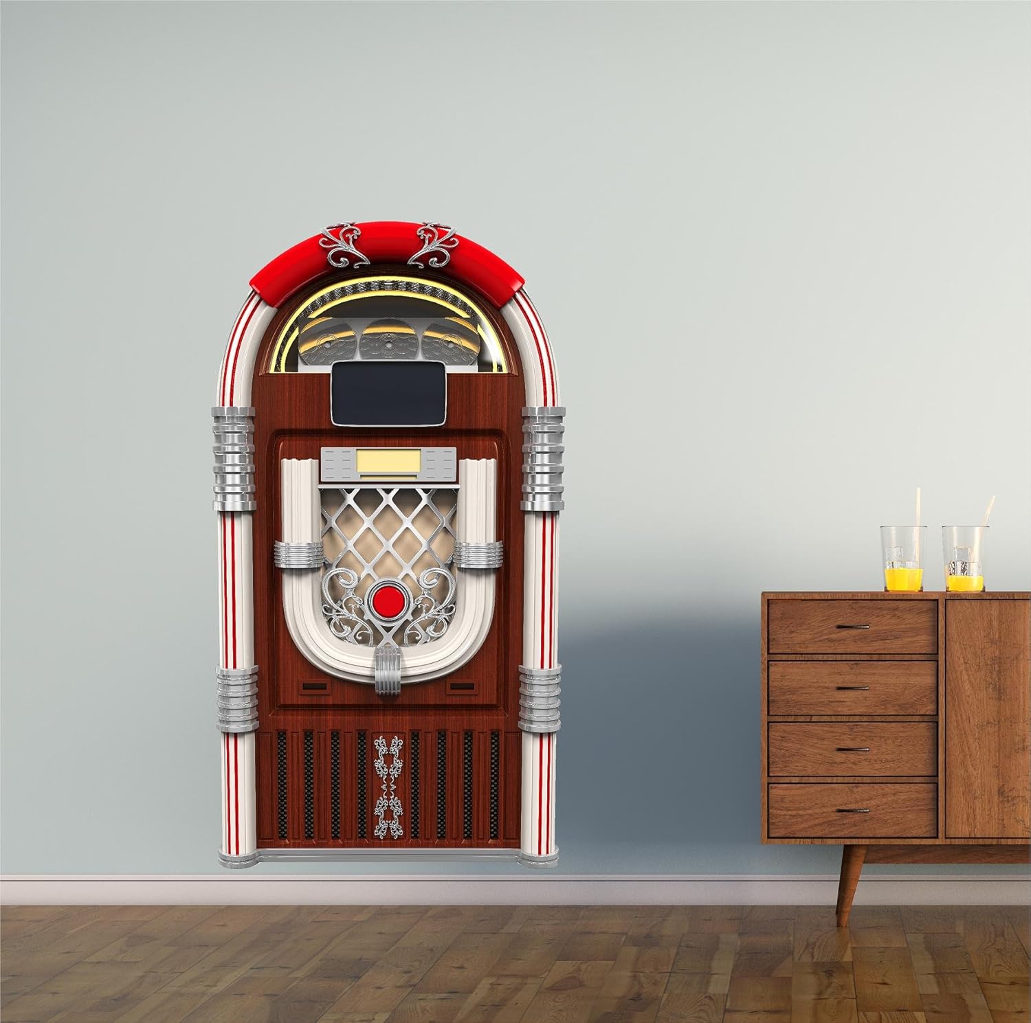 Calcomanía de pared de Juke Box #2 de 24 pulgadas, diseño gráfico de los años 50, 60, 70, música, música, radio, hogar, habitación de niños, cueva,