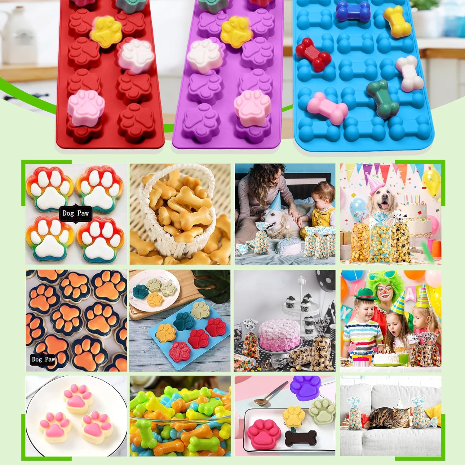 Paquete de 4 moldes de silicona para patas y huesos de cachorro, moldes para hornear, molde de silicona para golosinas y 100 bolsas de golosinas
